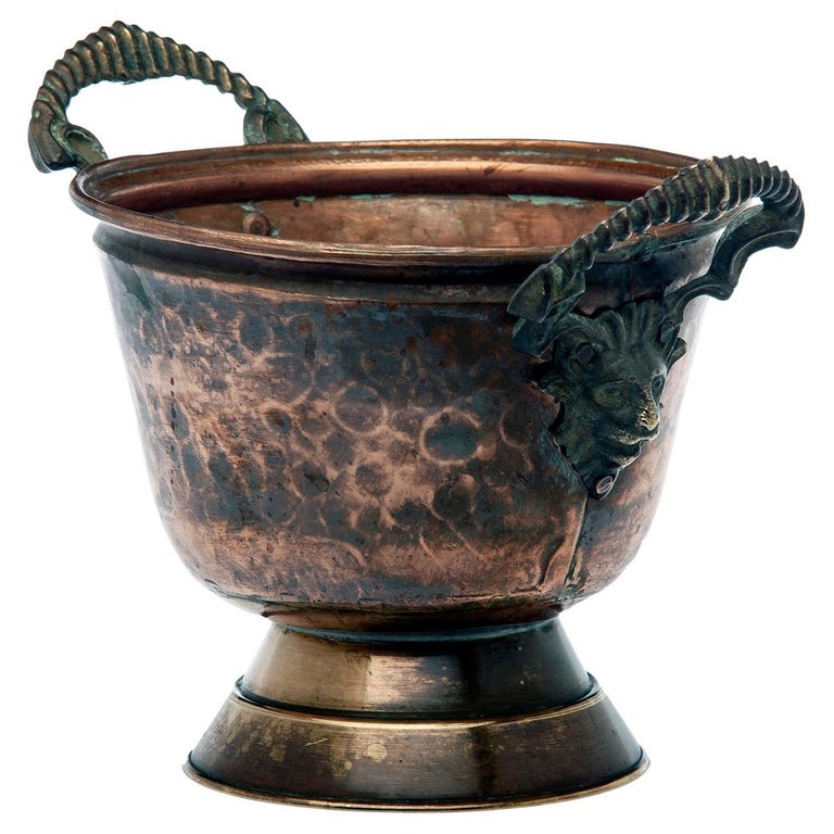 Hammered Brass and Copper Footed Bowl w/ Lion Head Handles For Sale at 1stDibs