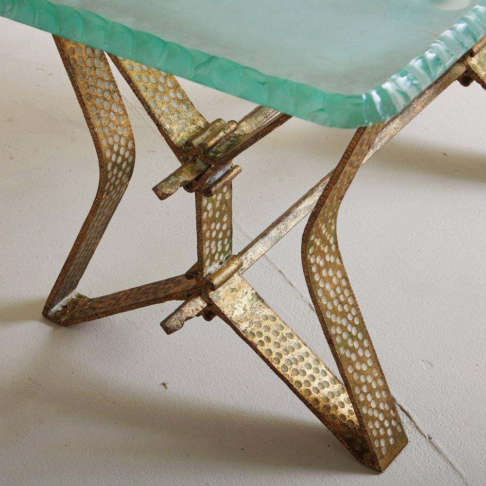Mid-Century Modern Hammered Brass + Glass Coffee Table Attributed to Pier Luigi Colli, Italy, 1950s For Sale