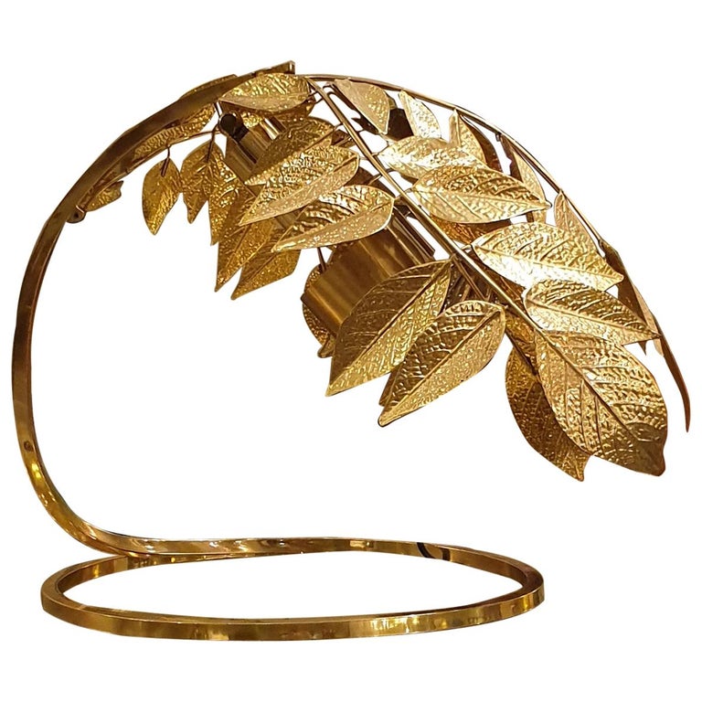 Tommaso Barbi hammered-brass leaf table lamp, 1960s, offered by D'Lightus