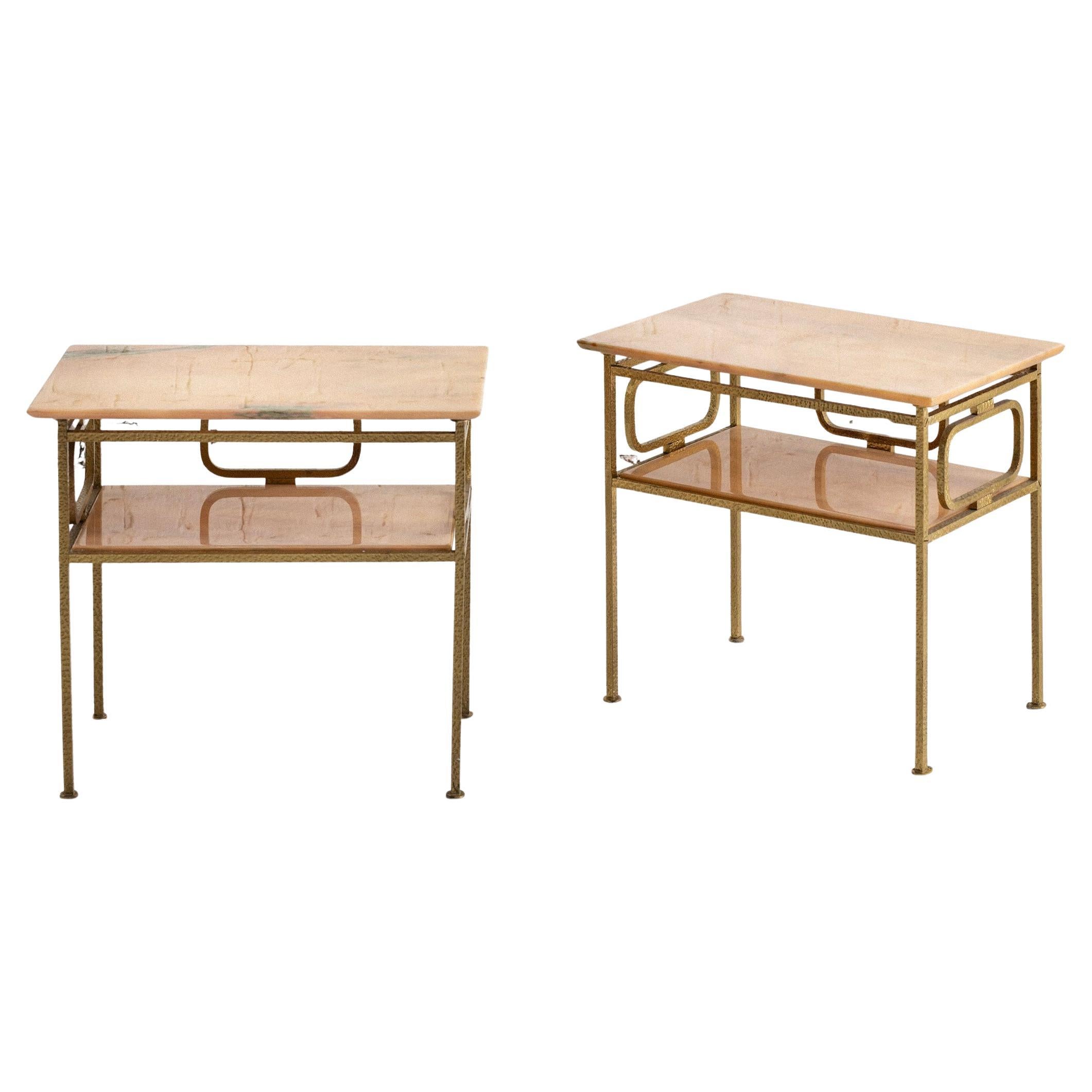 Hammered Brass 
Marble End Tables Attributed to Luciano Frigerio - a Pair For Sale