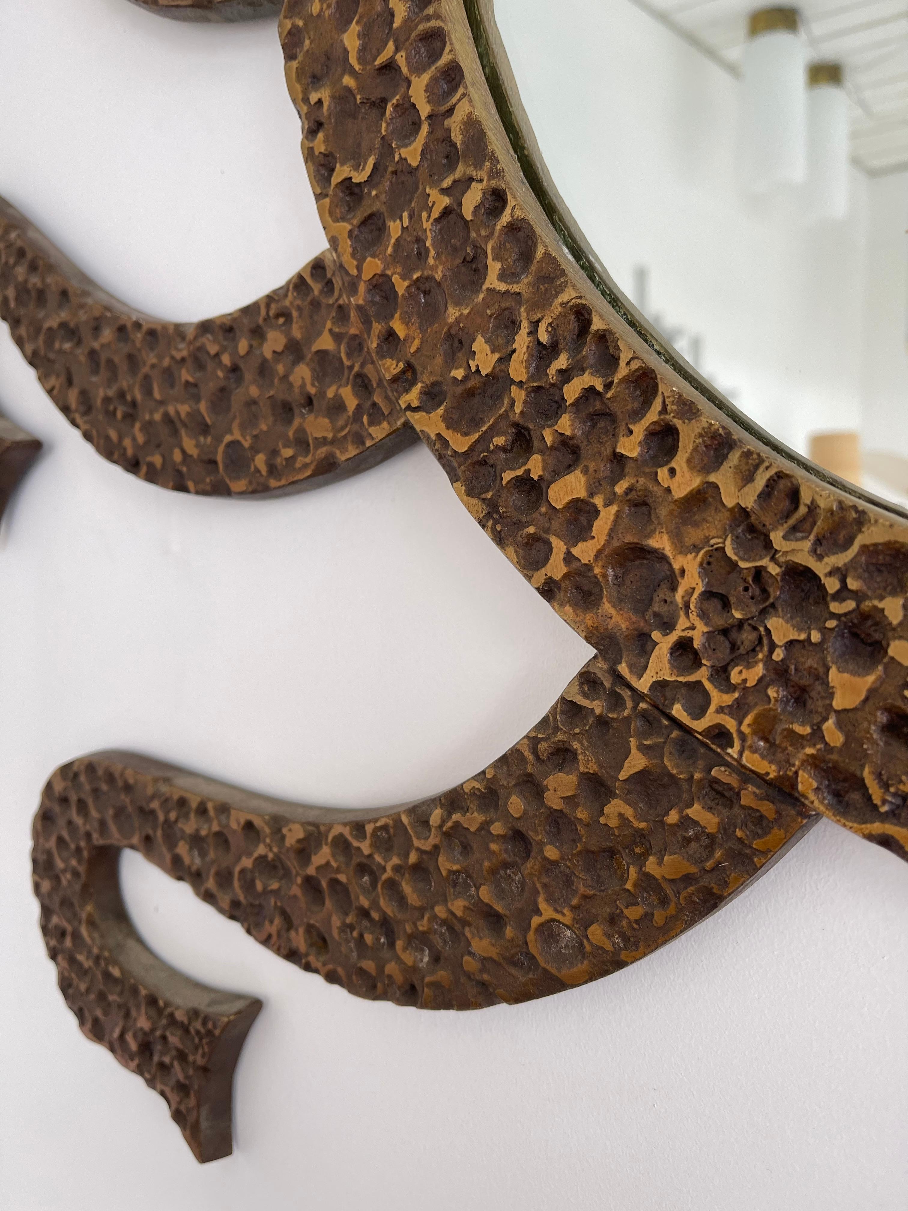 Late 20th Century Hammered Brass Mirror Octopus by Luciano Frigerio. Italy, 1970s For Sale