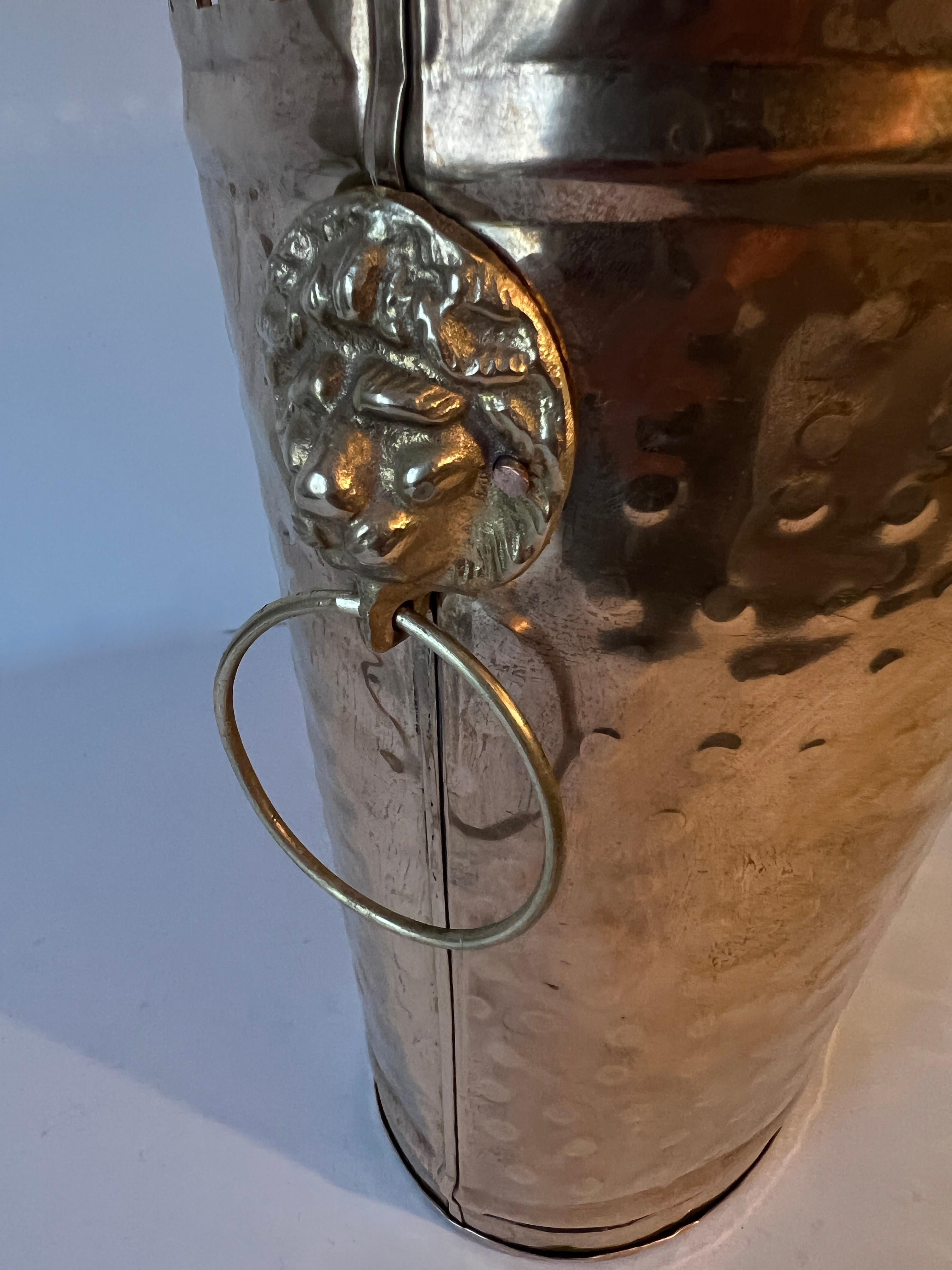 Hammered Brass Oval Waste Bin with Lion and Ring Handles For Sale 5