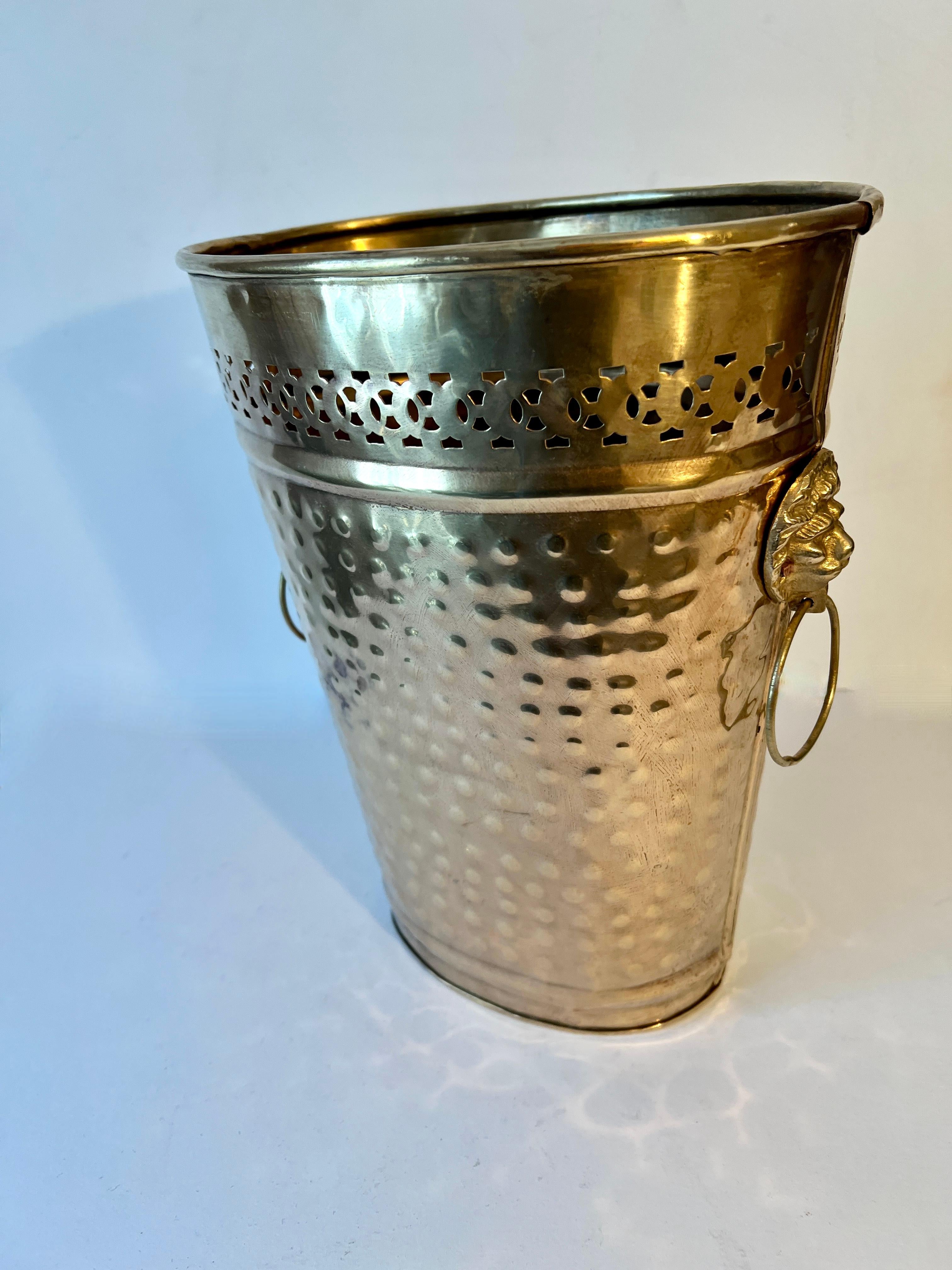 20th Century Hammered Brass Oval Waste Bin with Lion and Ring Handles For Sale