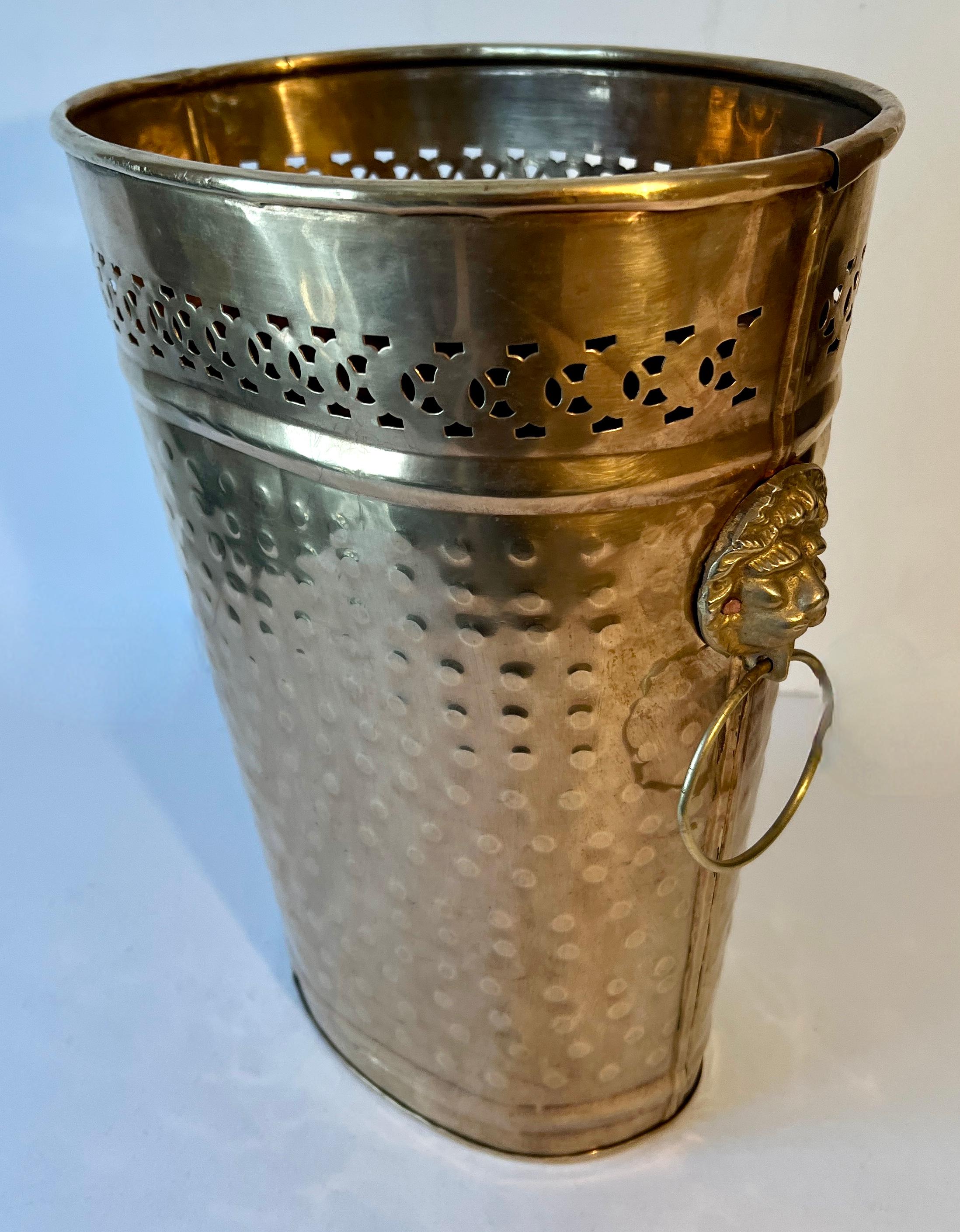 Hammered Brass Oval Waste Bin with Lion and Ring Handles For Sale 2
