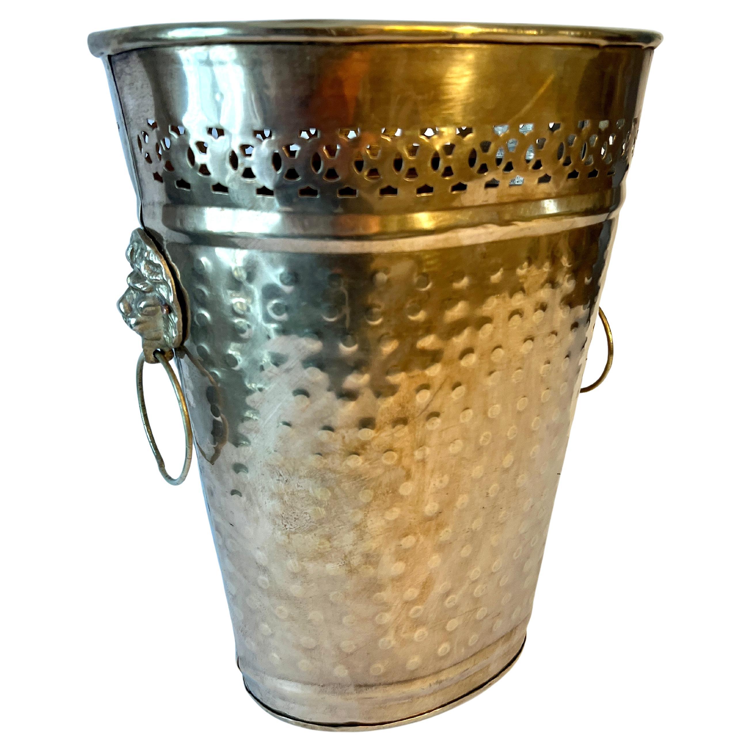 Hammered Brass Oval Waste Bin with Lion and Ring Handles For Sale