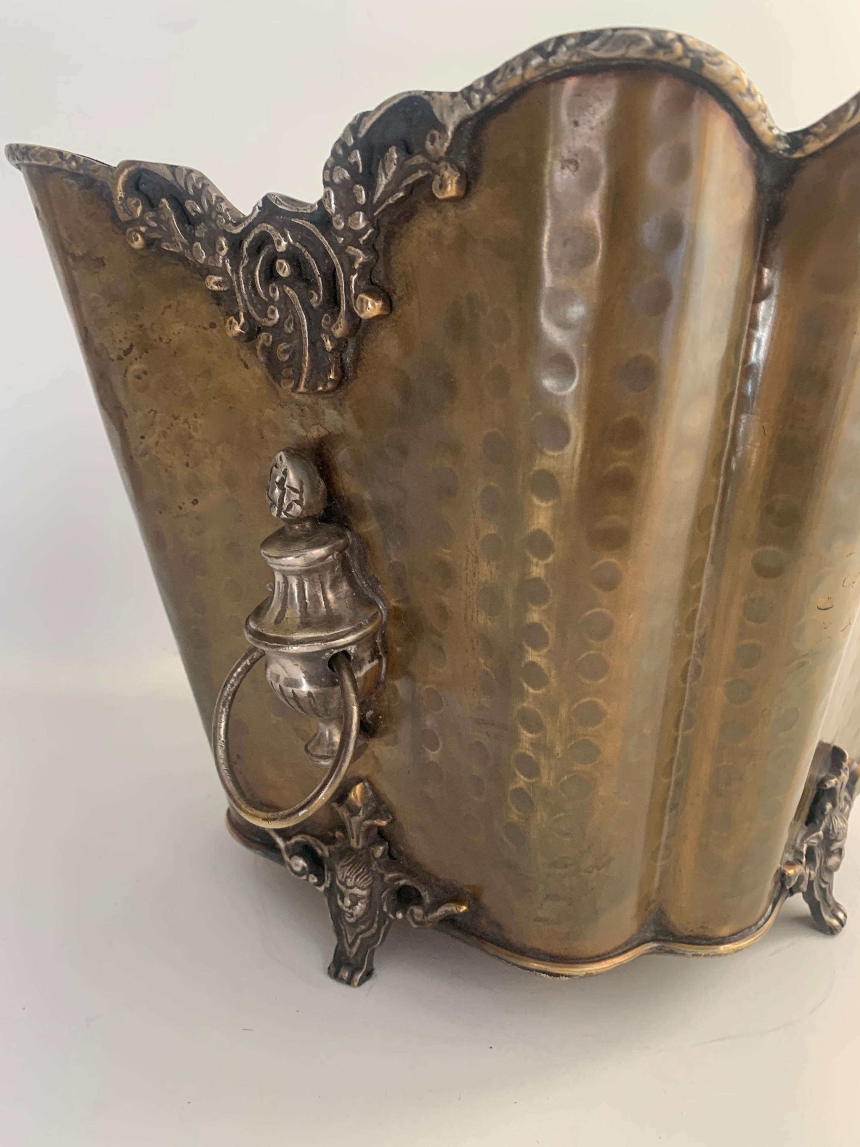 American Classical Hammered Brass Planter with Lion Handles