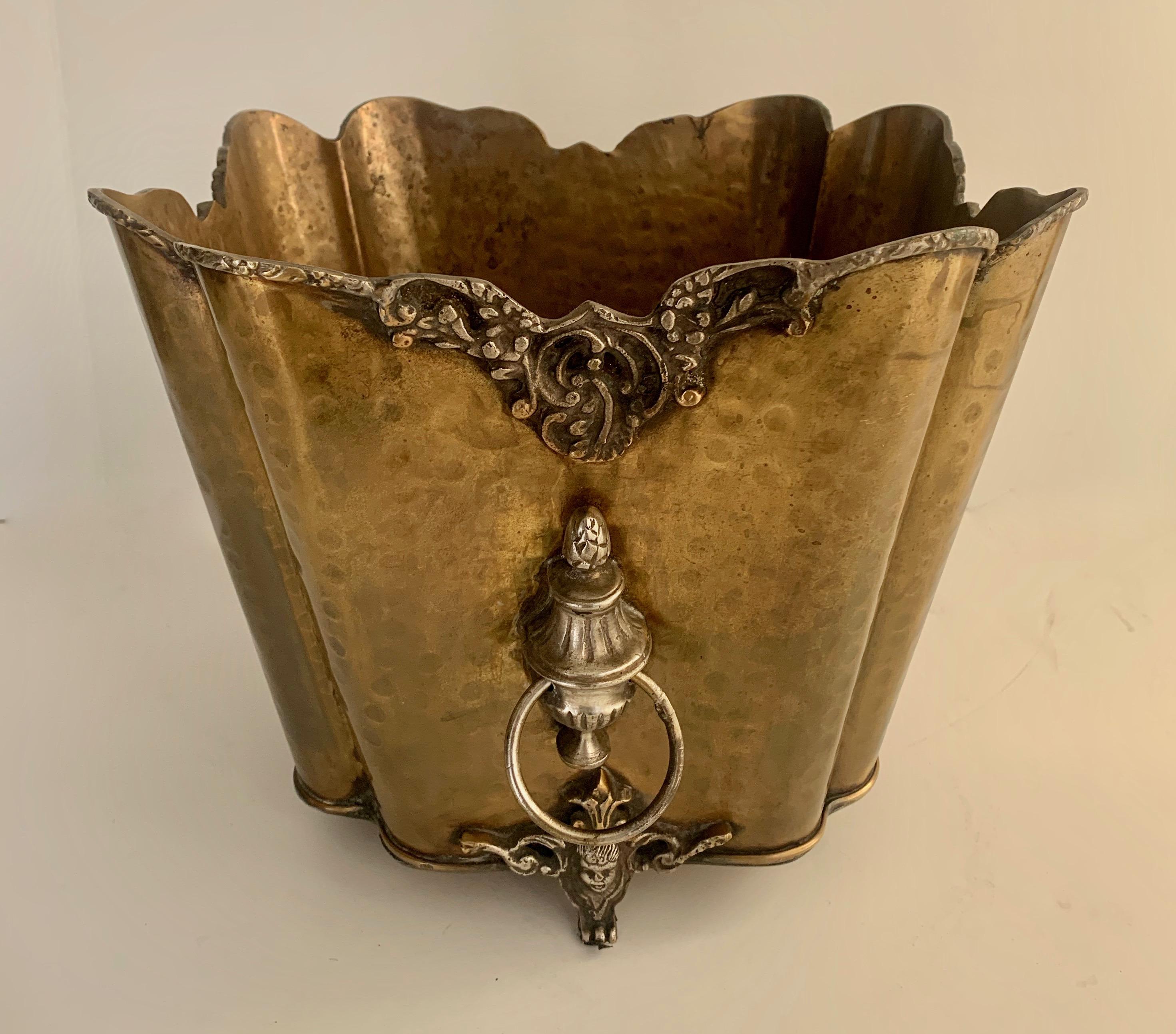 Hammered Brass Planter with Lion Handles 1