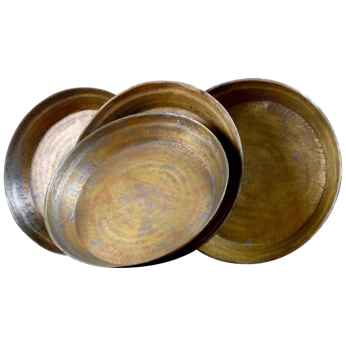 Hammered Brass Plates Shallow Bowls Dishes, 20th Century For Sale