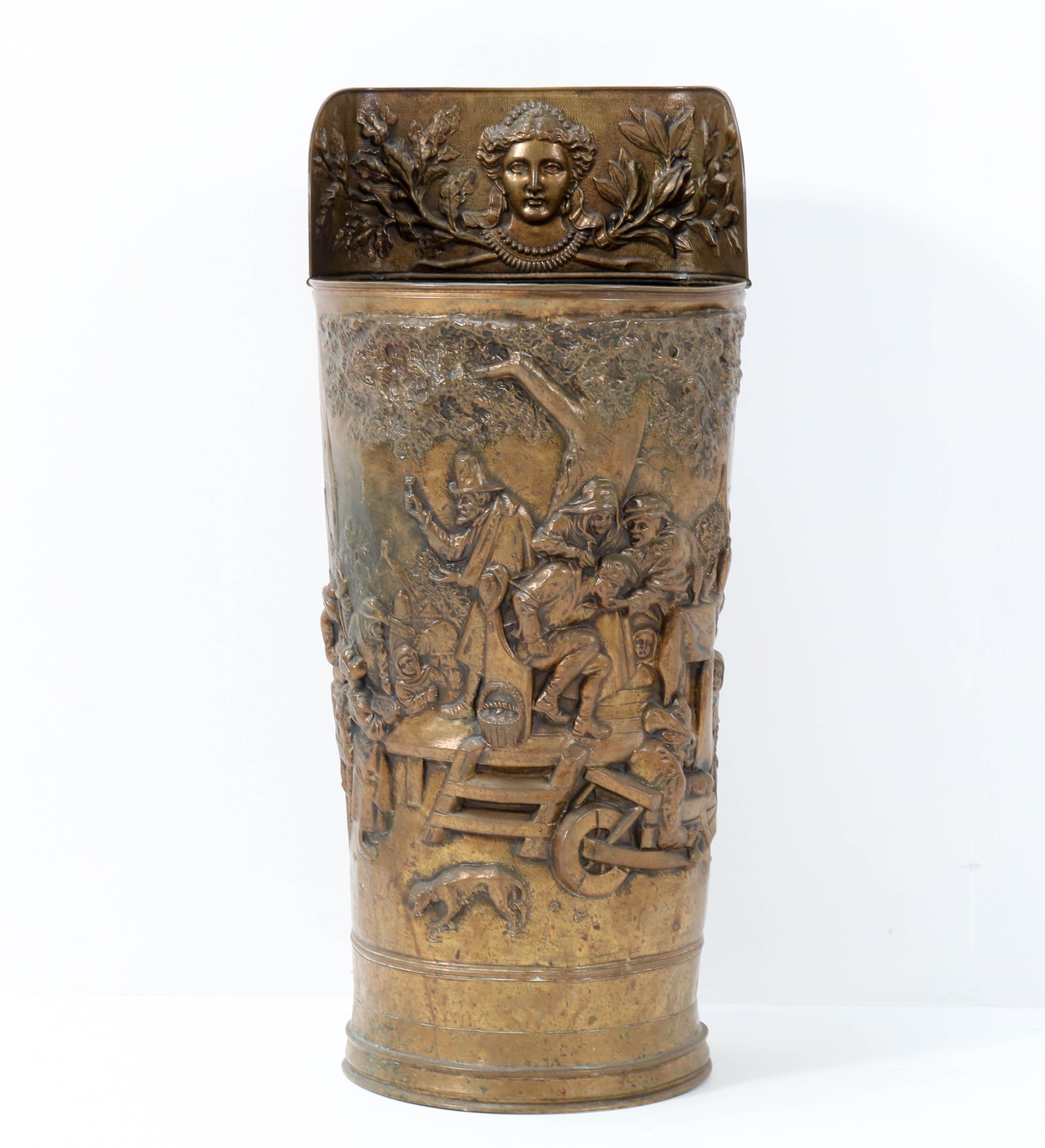 Dutch Hammered Brass Renaissance Revival Style Umbrella Stand, 1920s For Sale