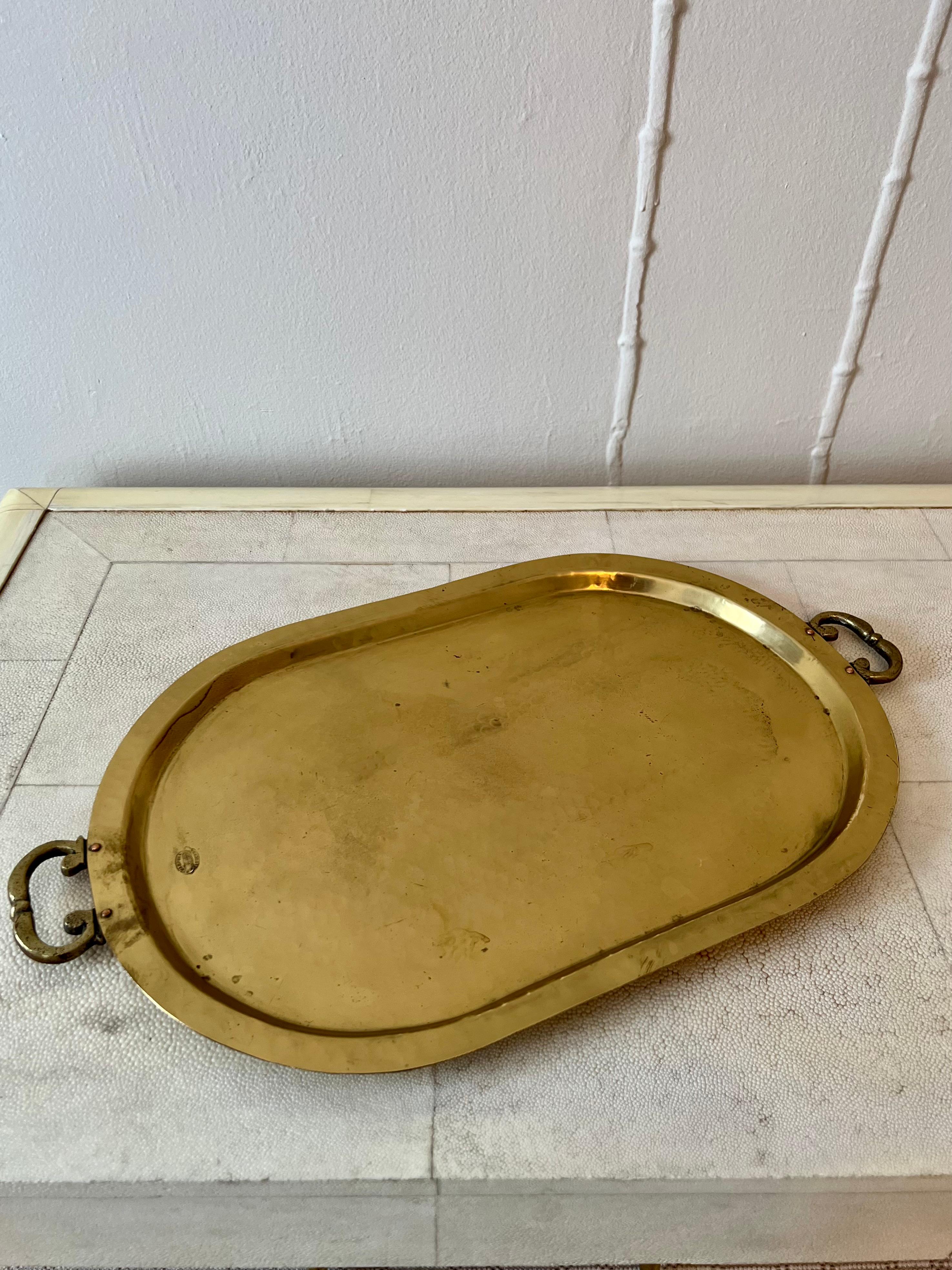 Large Hammered Brass Samovar serving tray. Hand-crafted to be sturdy and elegant. Regal handles and a wonderful patination.