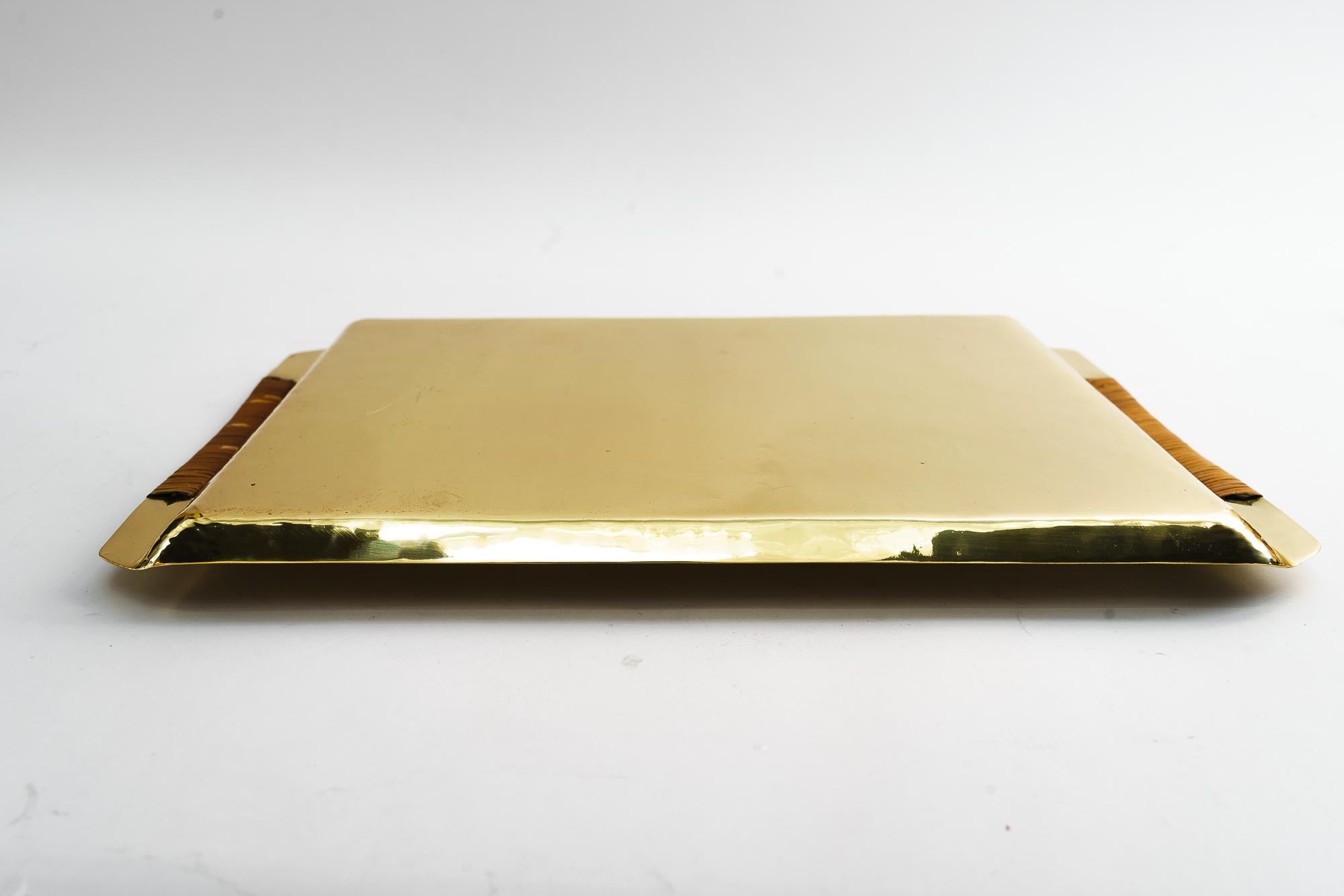 Hammered Brass Serving plate with wicker vienna around 1950s For Sale 1
