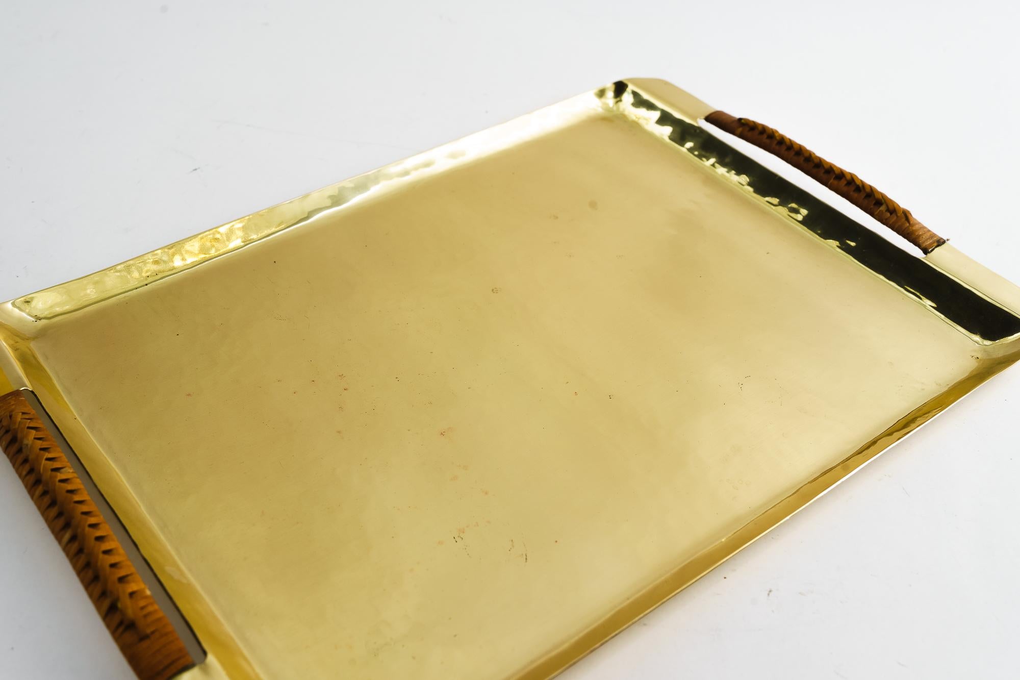 Hammered Brass Serving plate with wicker vienna around 1950s For Sale 3