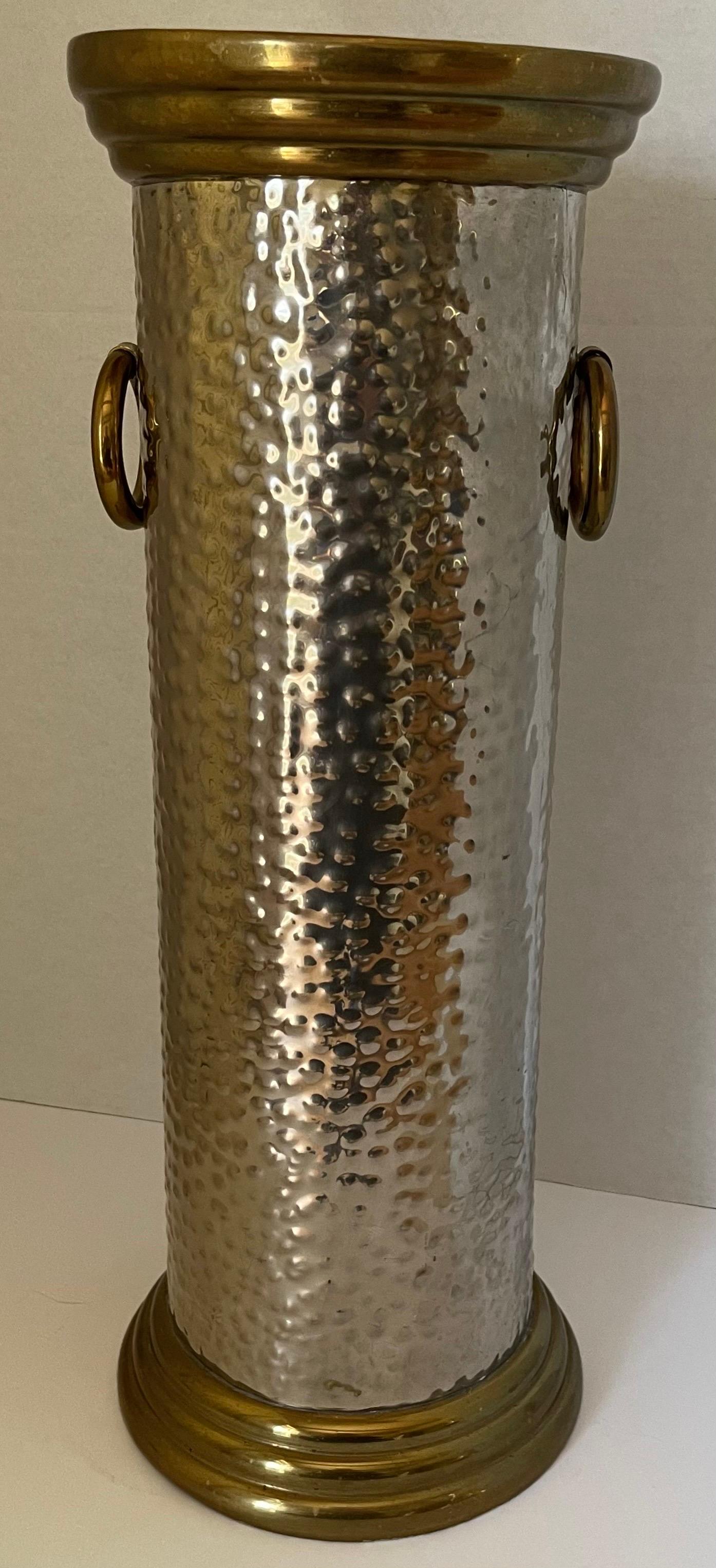 Hammered silver metal and brass tall umbrella stand. As found unpolished condition. 