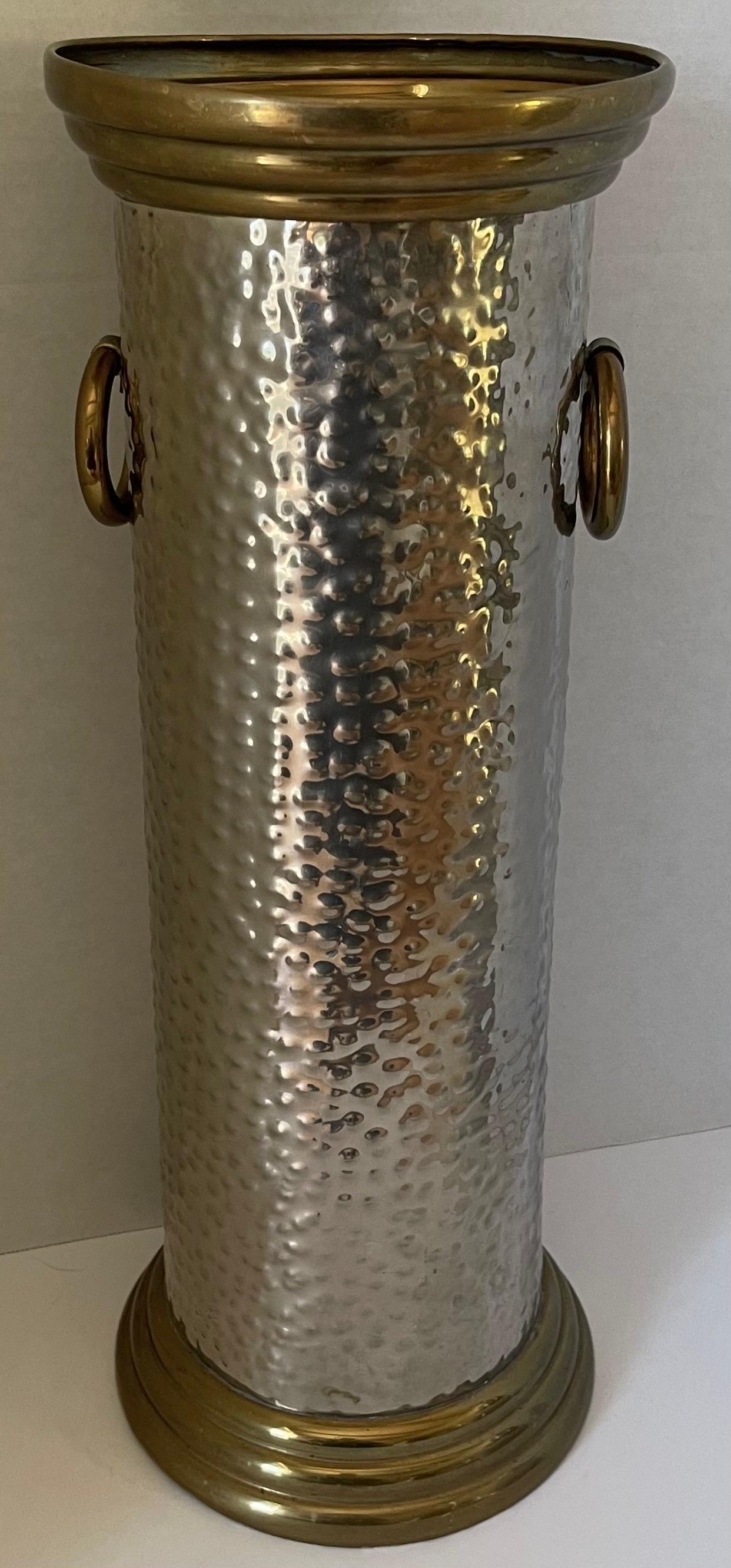 Hollywood Regency Hammered Brass & Silver Metal Tall Umbrella Stand For Sale