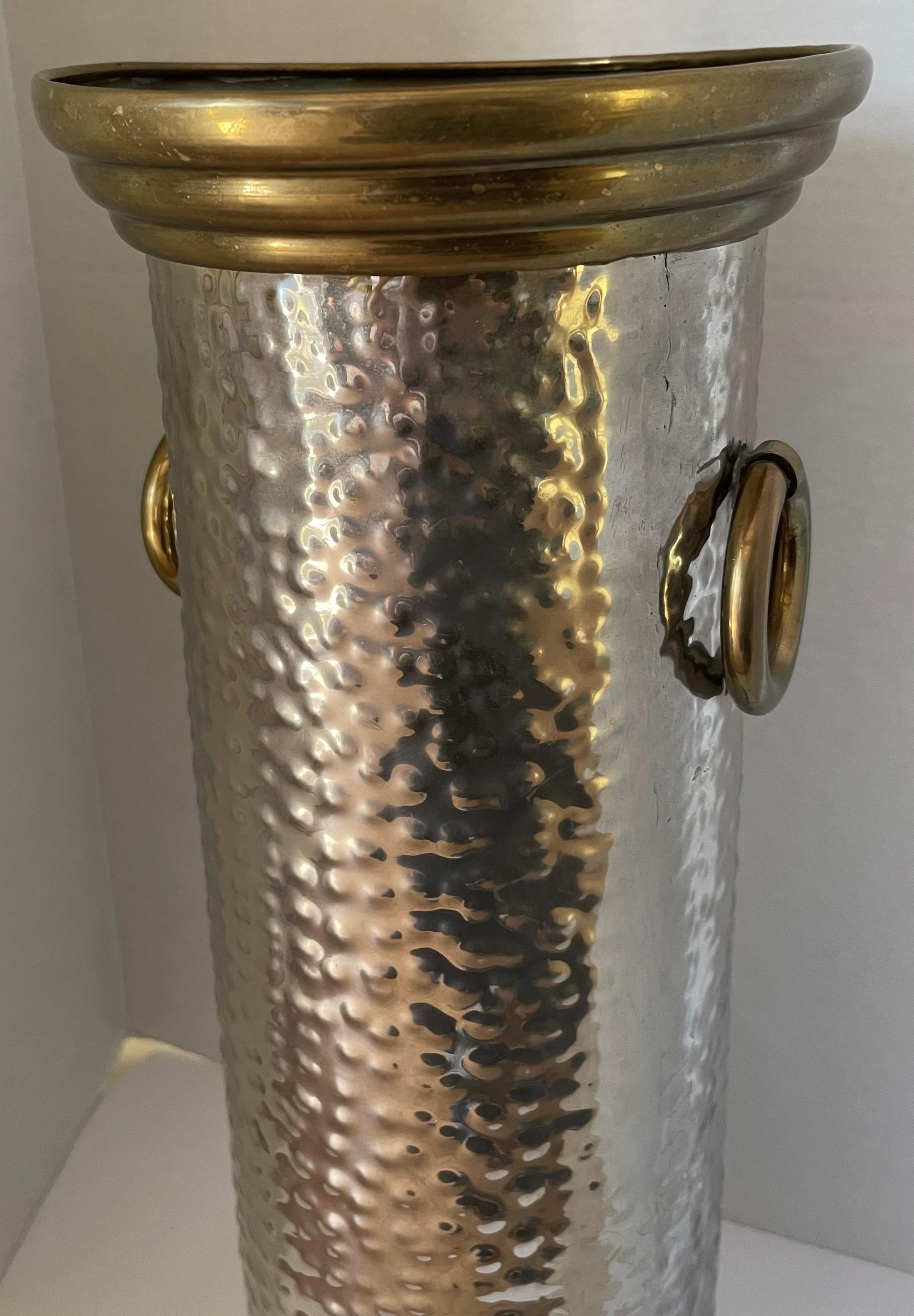 Hammered Brass & Silver Metal Tall Umbrella Stand For Sale 1