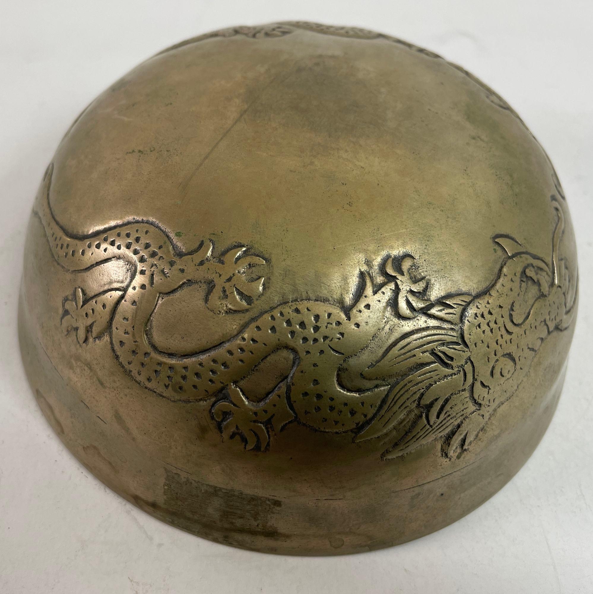 Hammered Brass Singing Bowl with Dragons Nepal 1940s For Sale 2