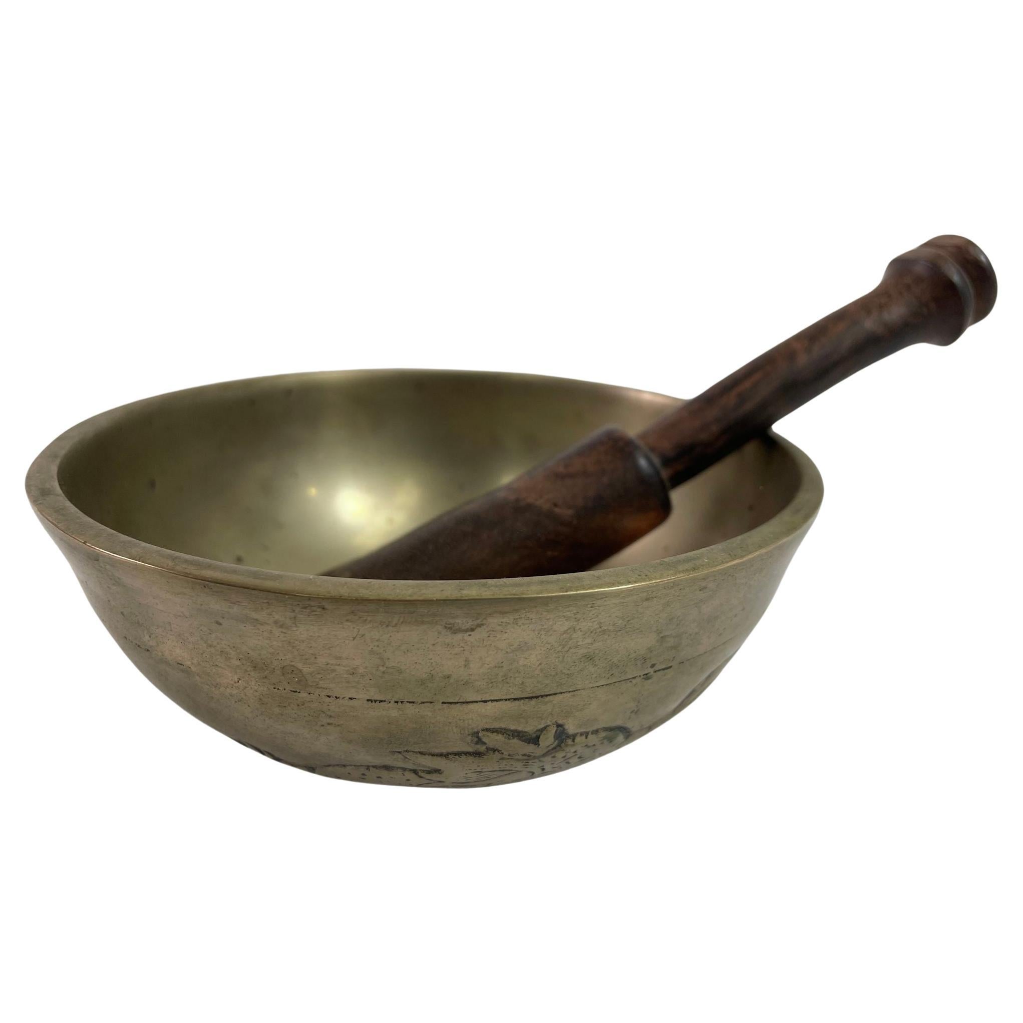 Hammered Brass Singing Bowl with Dragons Nepal 1940s For Sale