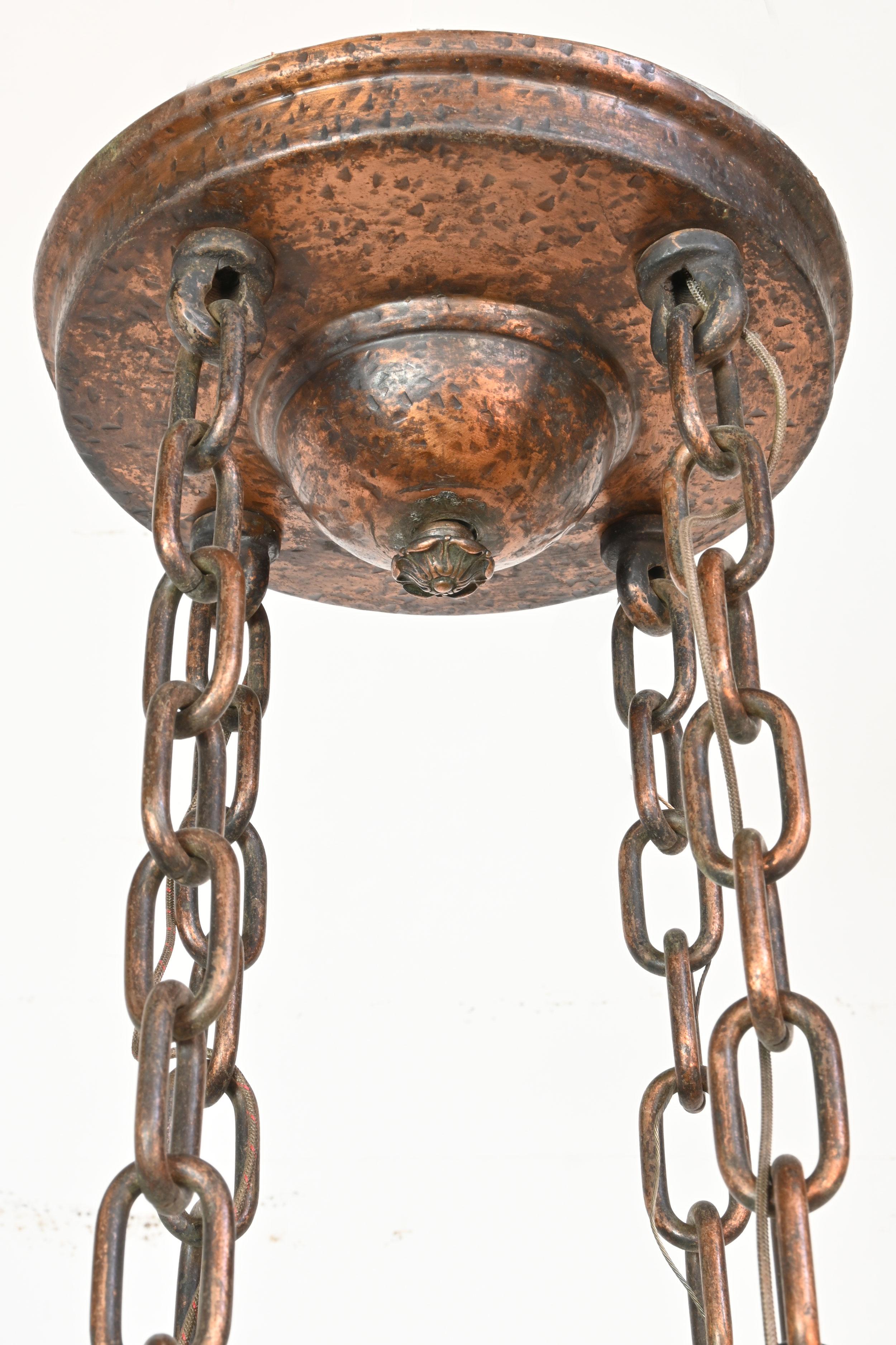 Hammered Bronze Chandelier with 4 Steuben Aurene Shades In Good Condition In Minneapolis, MN