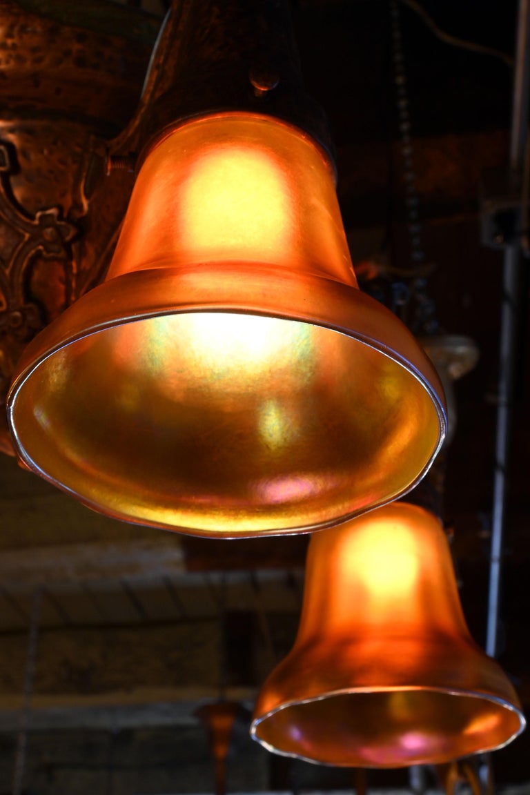 Hammered Bronze Chandelier with 4 Steuben Aurene Shades at 1stDibs
