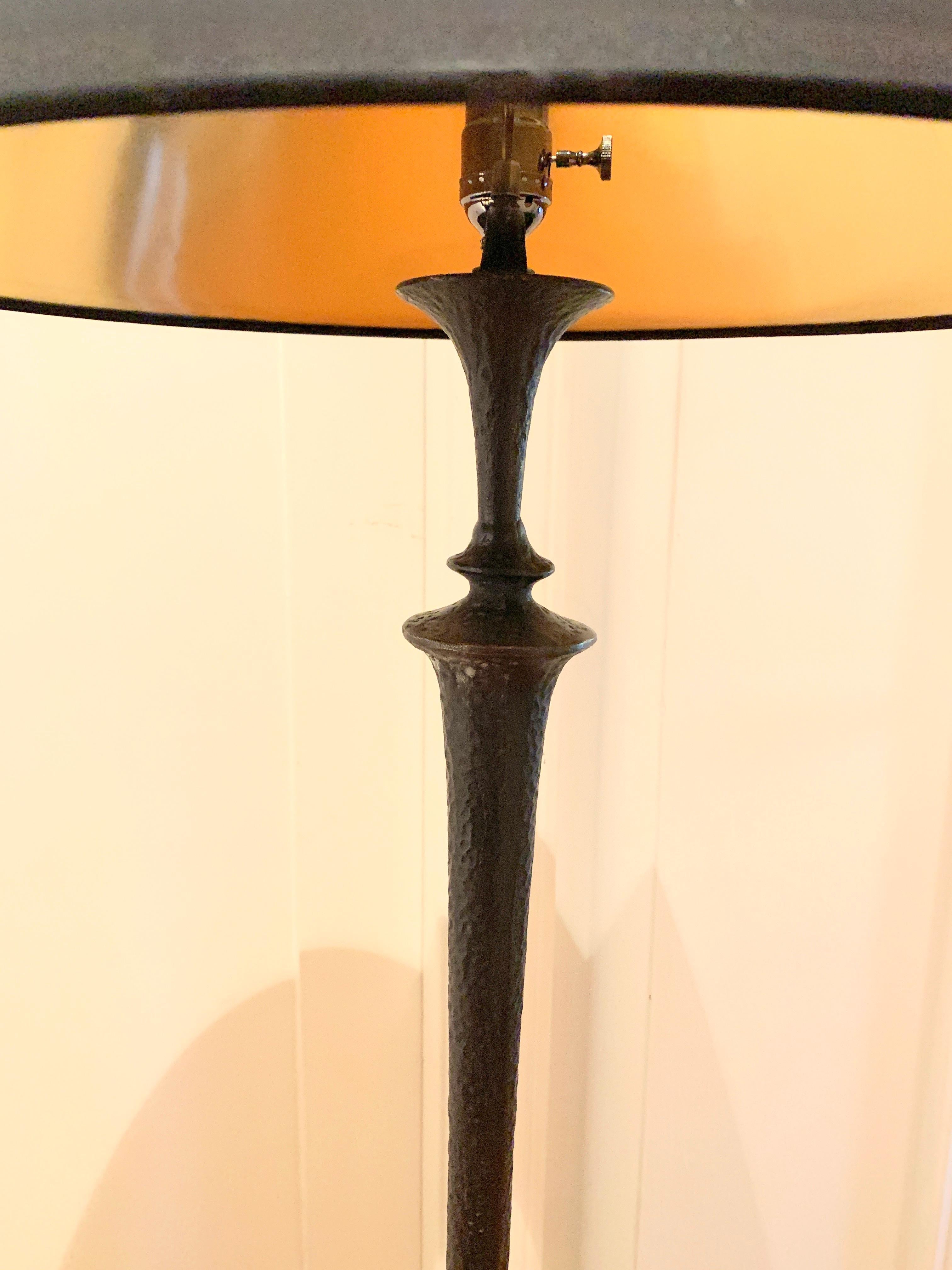 Hammered Bronze Floor Lamp with Silk Shade in the Manner of Giacometti In Good Condition In Los Angeles, CA