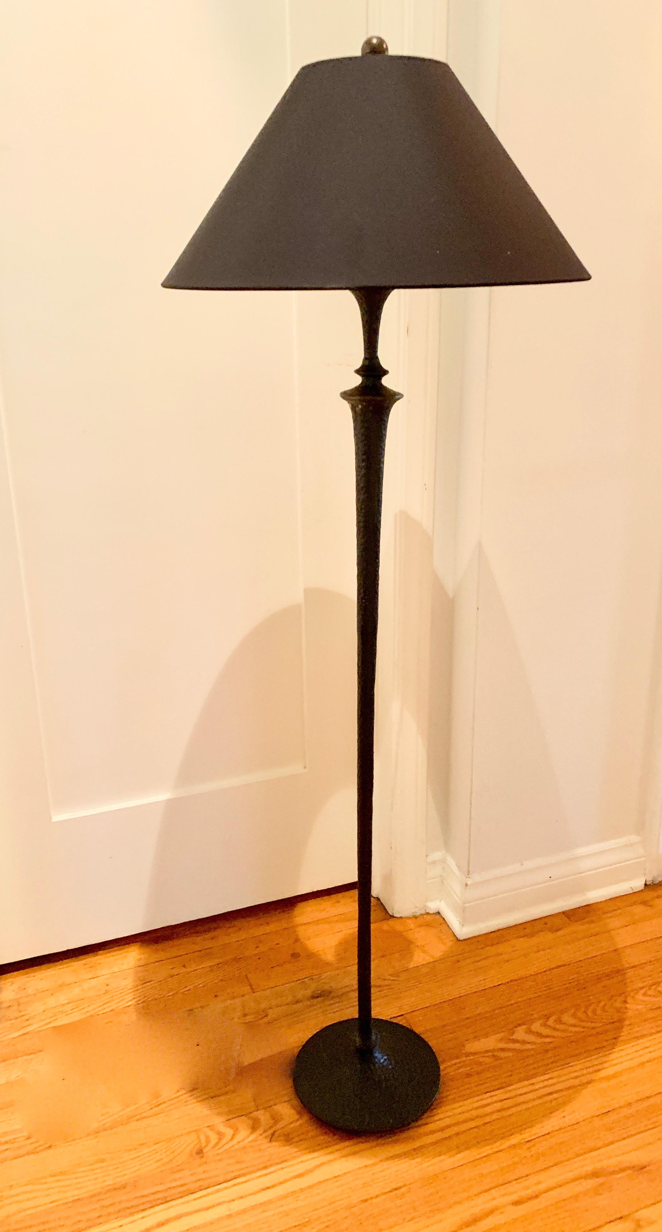 20th Century Hammered Bronze Floor Lamp with Silk Shade in the Manner of Giacometti