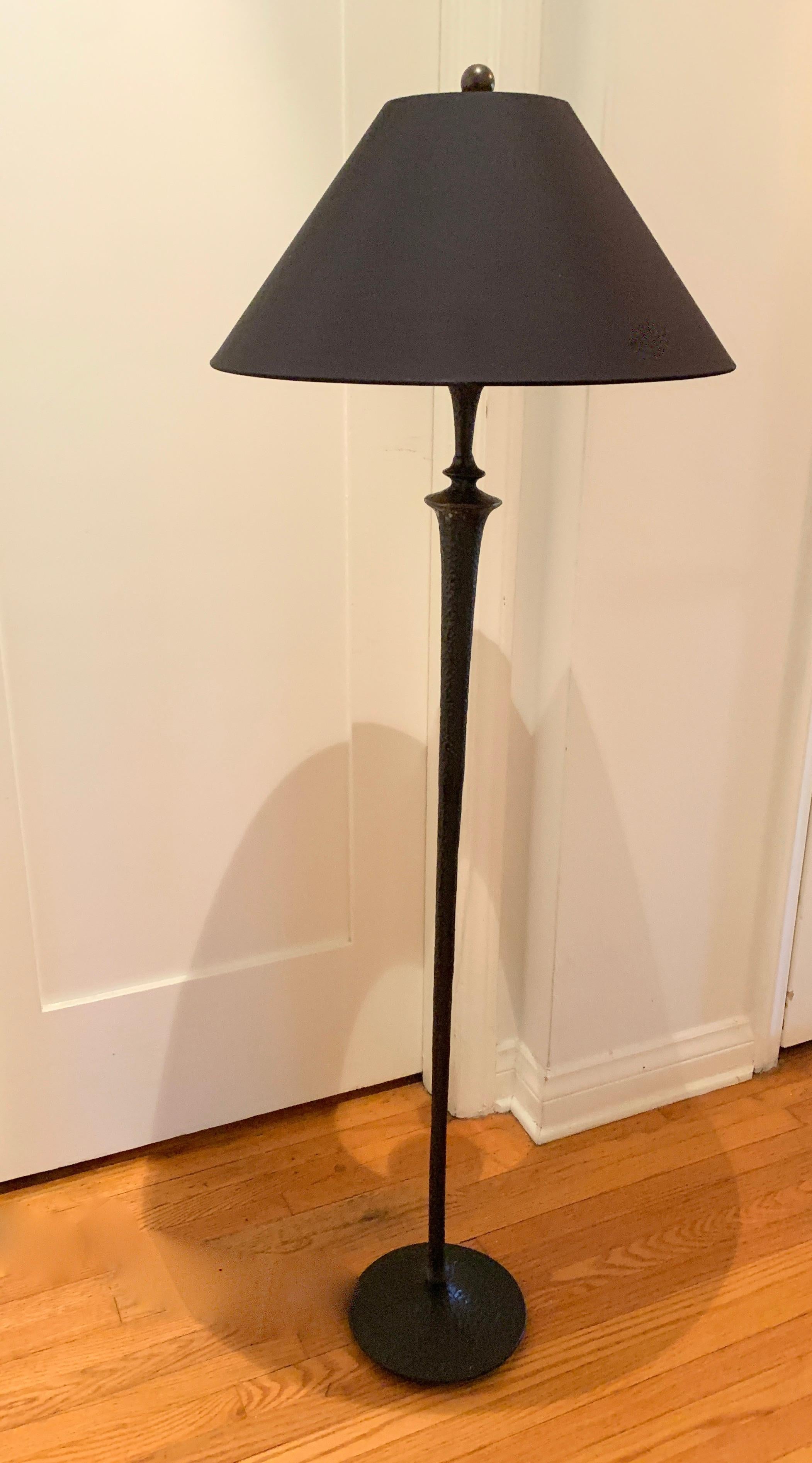 Hammered Bronze Floor Lamp with Silk Shade in the Manner of Giacometti 1