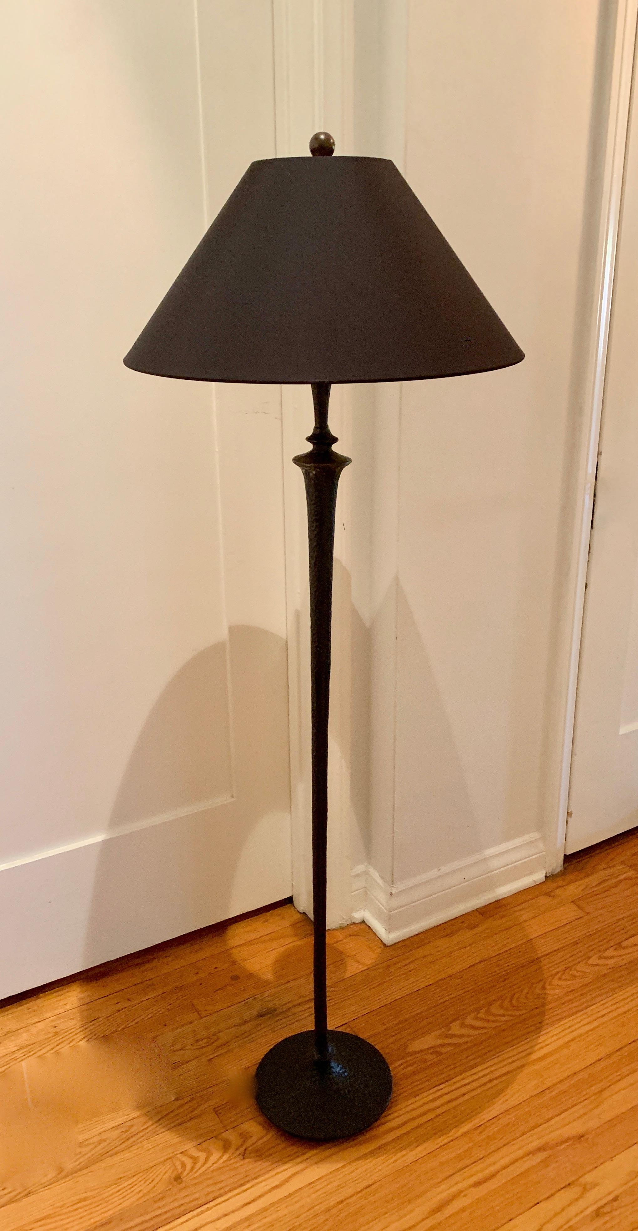Hammered Bronze Floor Lamp with Silk Shade in the Manner of Giacometti 2