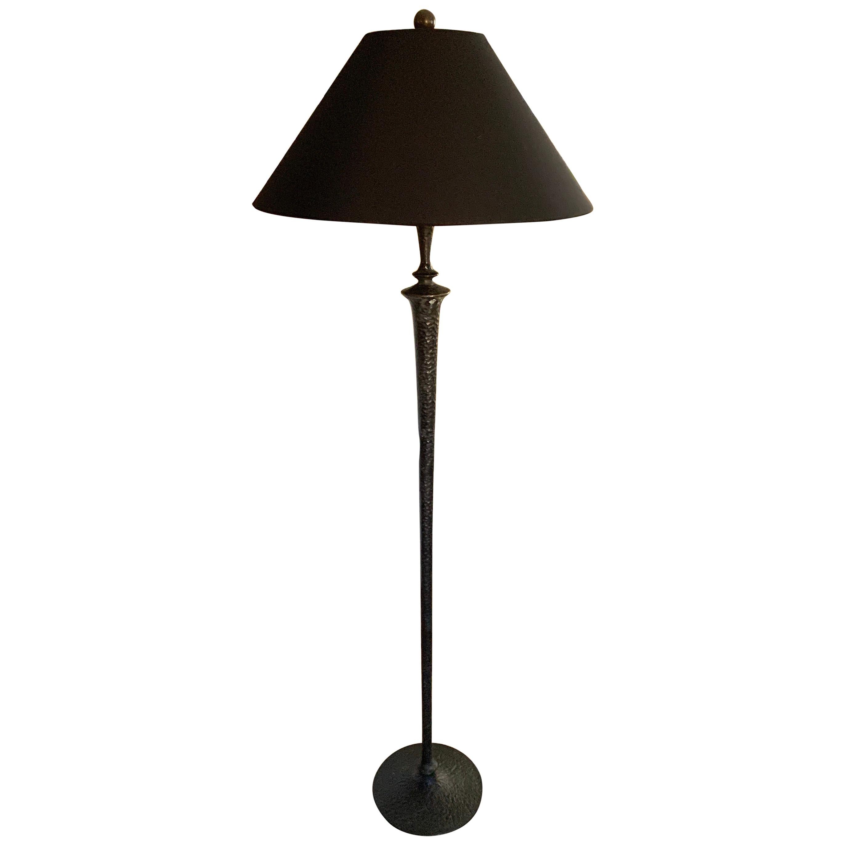Hammered Bronze Floor Lamp with Silk Shade in the Manner of Giacometti