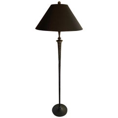 Vintage Hammered Bronze Floor Lamp with Silk Shade in the Manner of Giacometti