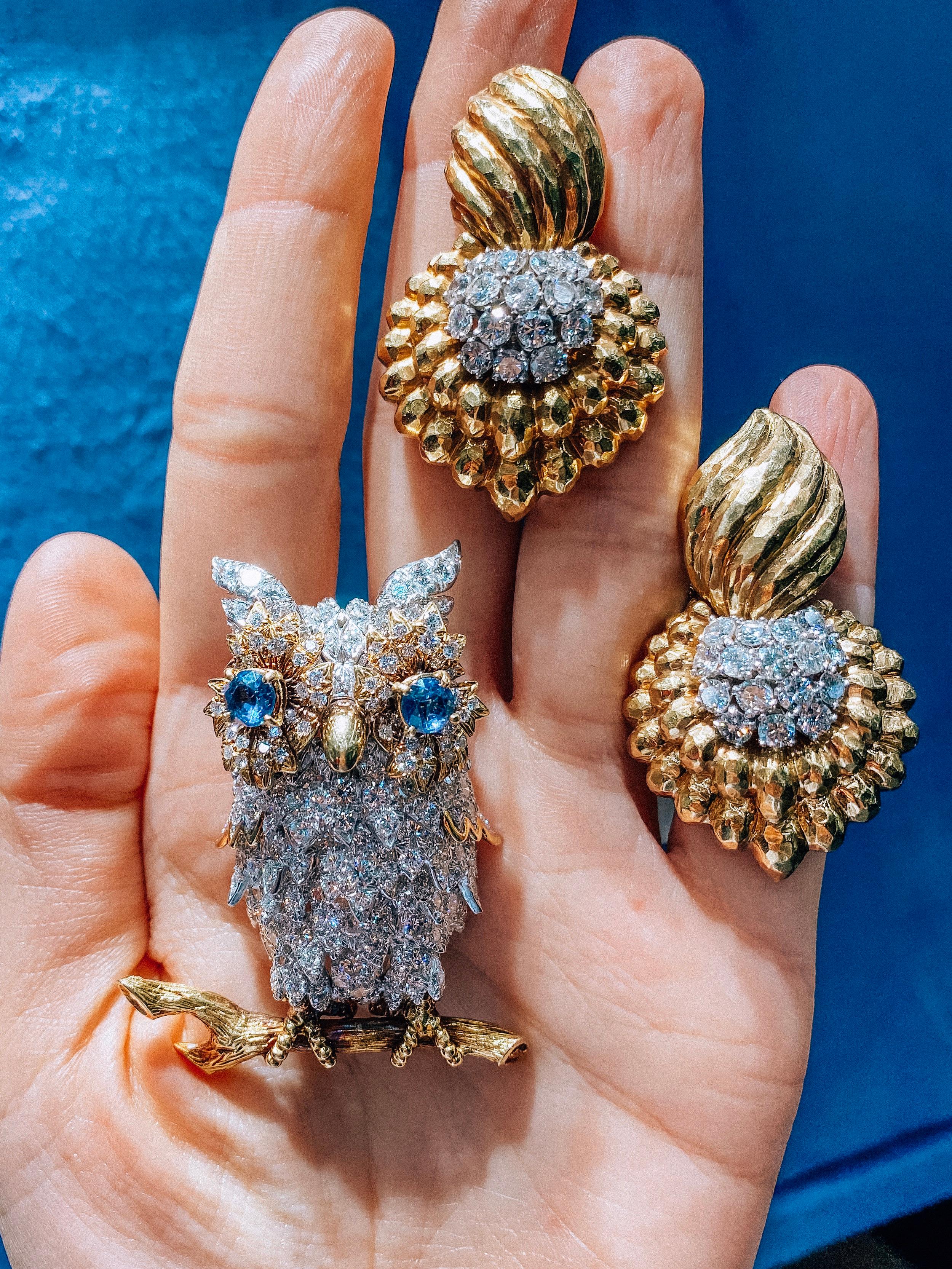 Hammerman Brothers 18K Gold And Platinum Vintage Diamond Owl Brooch In Excellent Condition In New York, NY