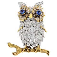 Hammerman Brothers 18K Gold And Platinum Vintage Diamond Owl Brooch