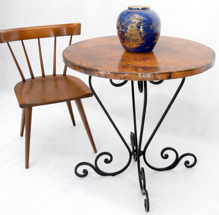 20th Century Hammered Coper Top Wrought Iron Base Round Dining Dinette Cafe Table For Sale