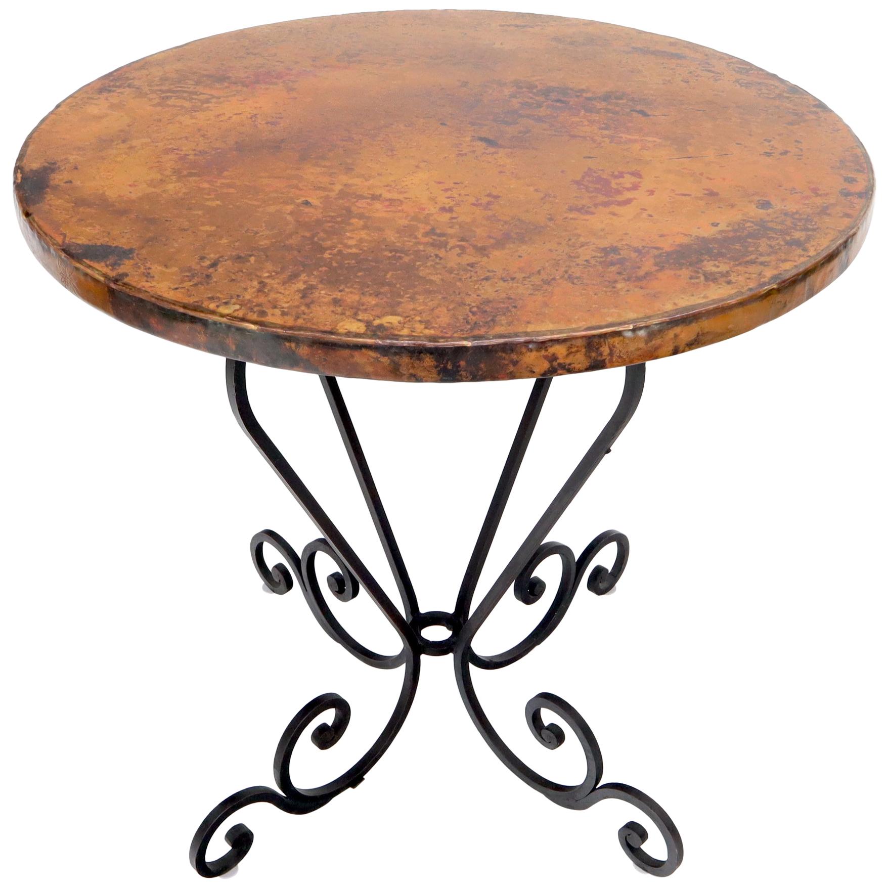 Hammered Coper Top Wrought Iron Base Round Dining Dinette Cafe Table For Sale