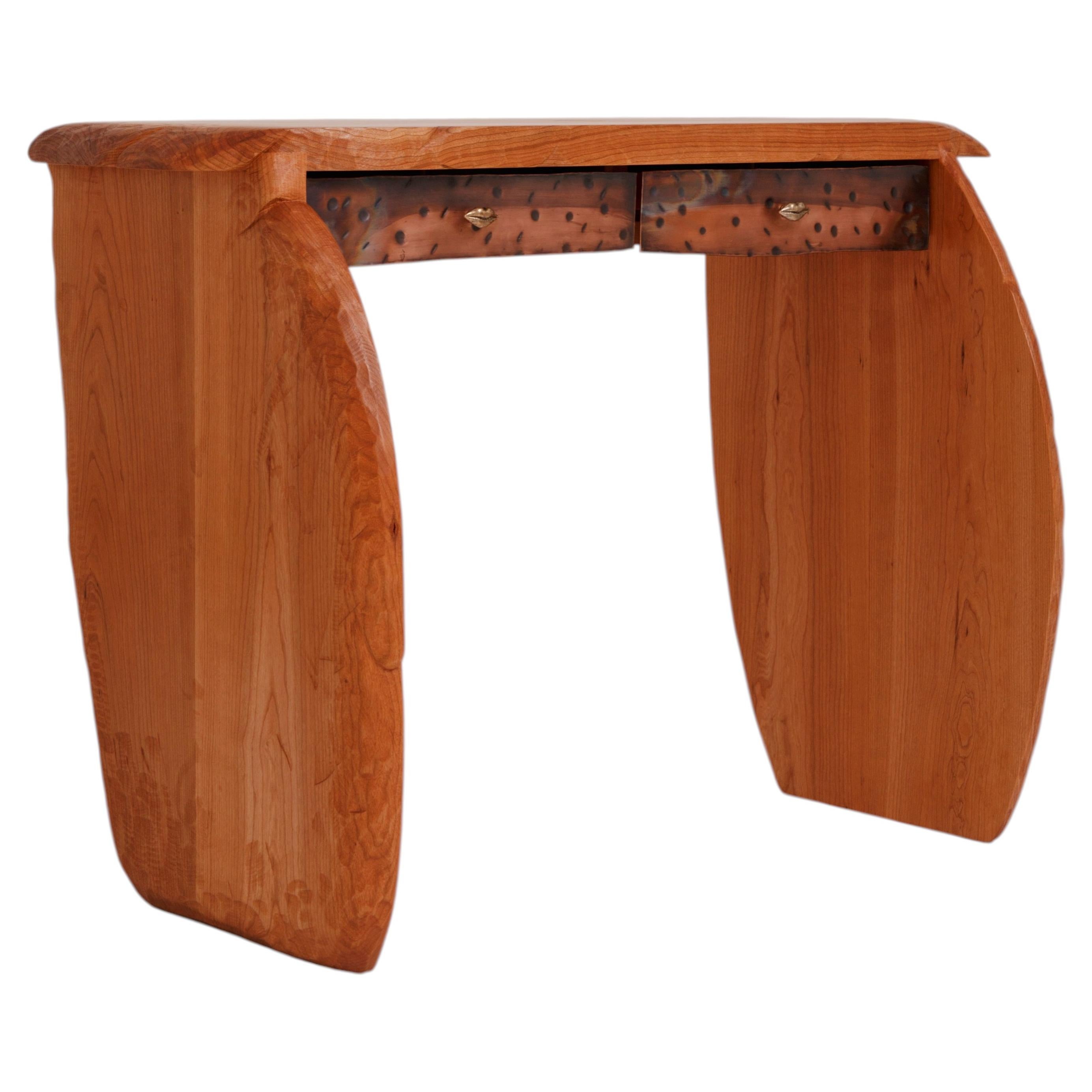 Hammered Copper and Cherry Roxanne Console With Bronze Lip Pulls by Luke Malaney For Sale