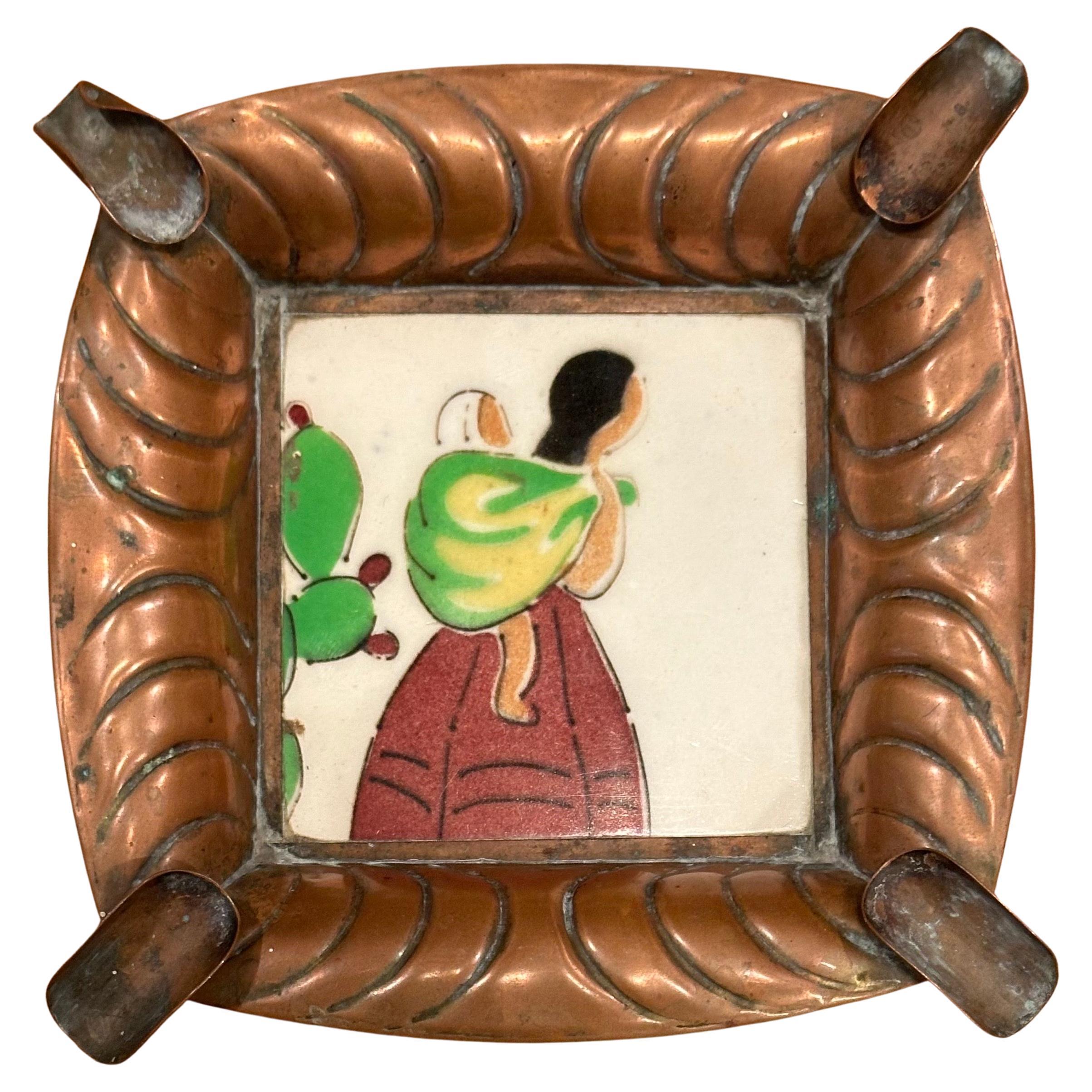 Cenicero de Arte Popular Mexicano de Cobre Martillado y Azulejos de Cerámica en venta 4