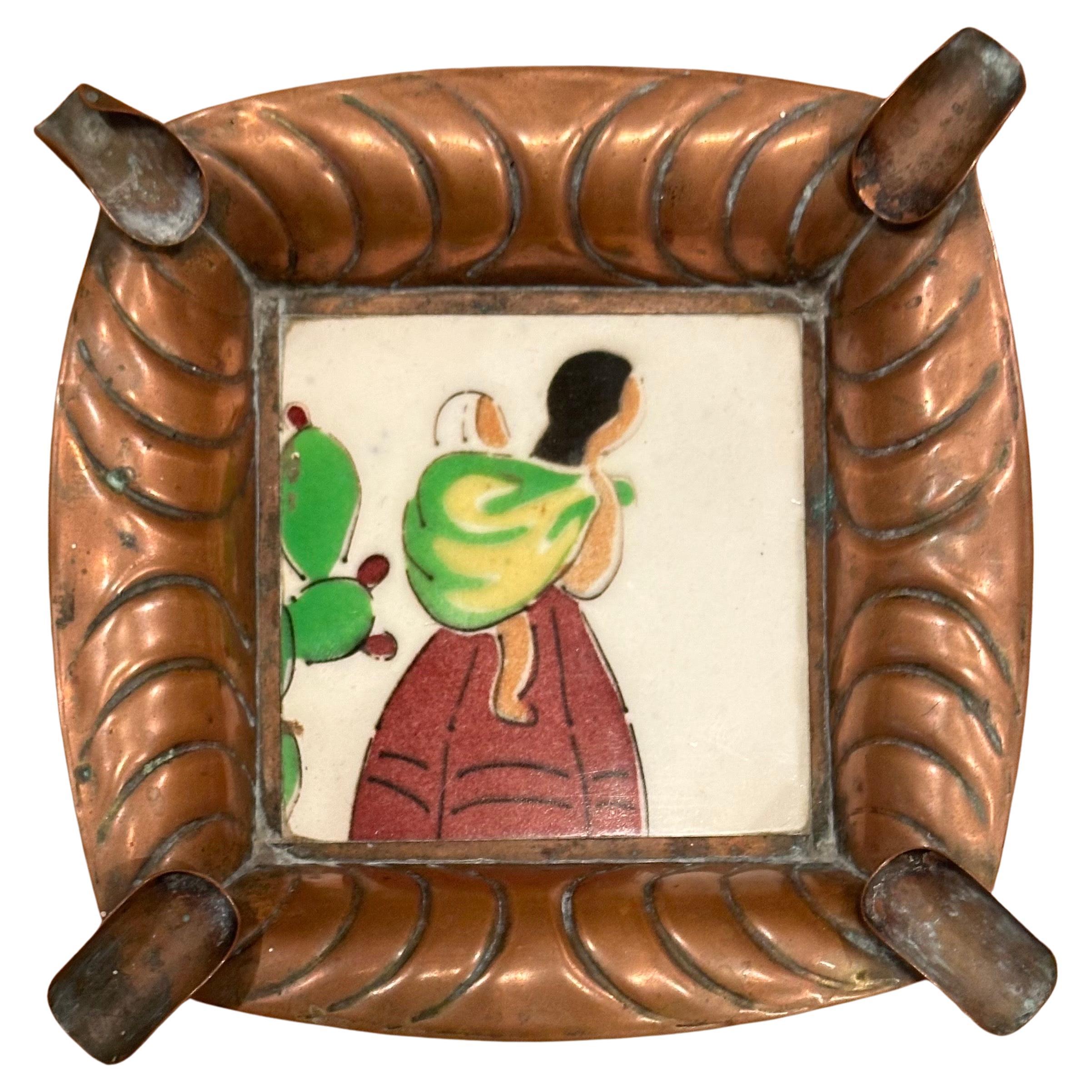 Hammered Copper & Ceramic Tile Mexican Folk Art Ashtray