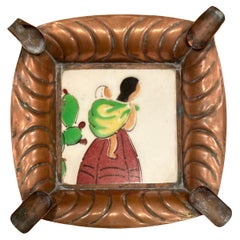 Cenicero de Arte Popular Mexicano de Cobre Martillado y Azulejos de Cerámica