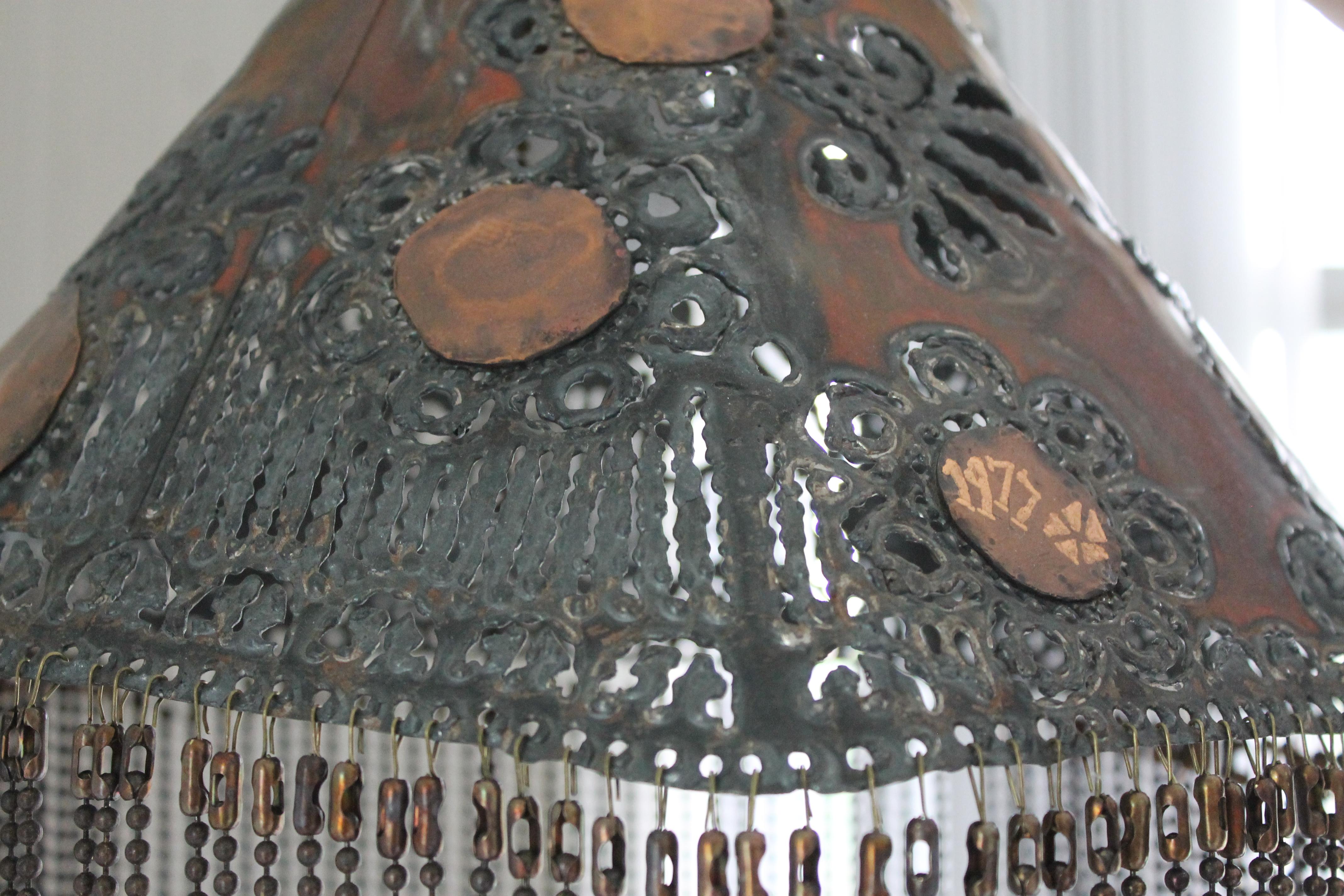 Late 20th Century Hammered Copper Hippie Swag Lamp For Sale