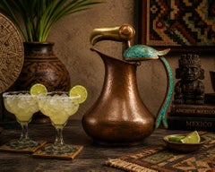 Hammered Copper & Turquoise Inlay "Toucan" Water Pitcher by Alfredo Villasaña