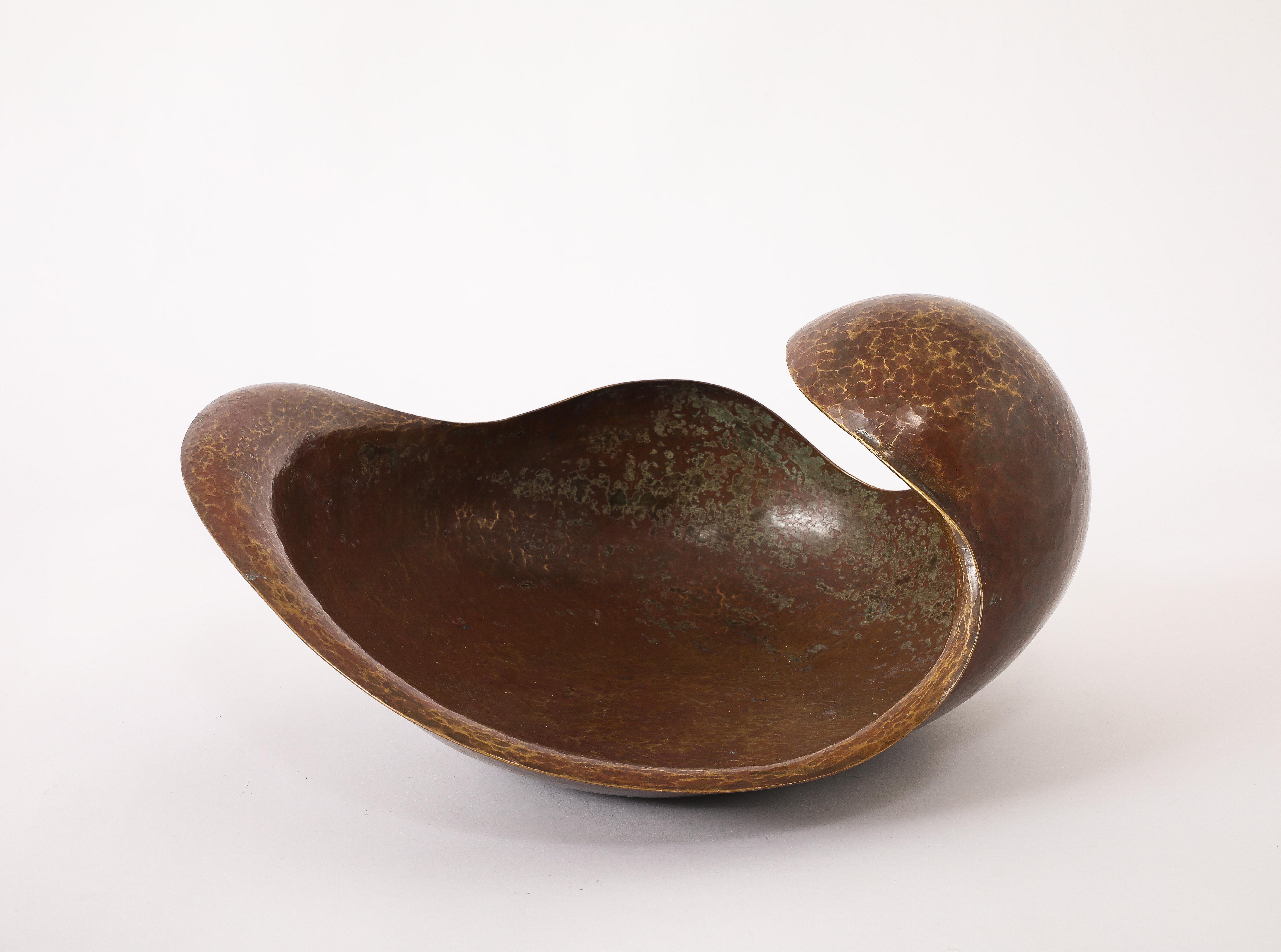 Large hammered copper vessel, also known as a dinanderie, amazing scale and form. Stamped with a makers mark.