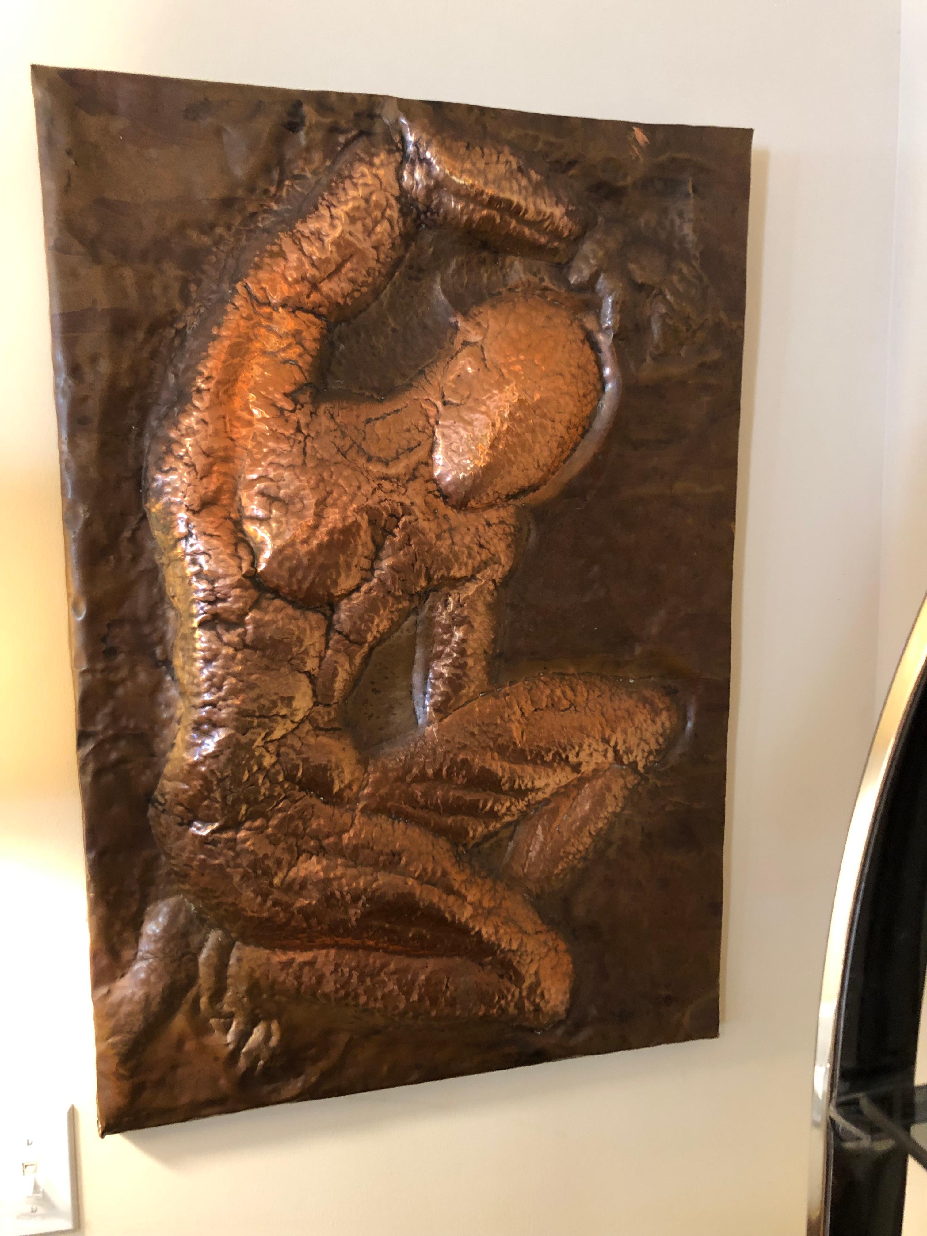 Mid Century Hammered Copper Wall Relief of a Nude Male For Sale 3