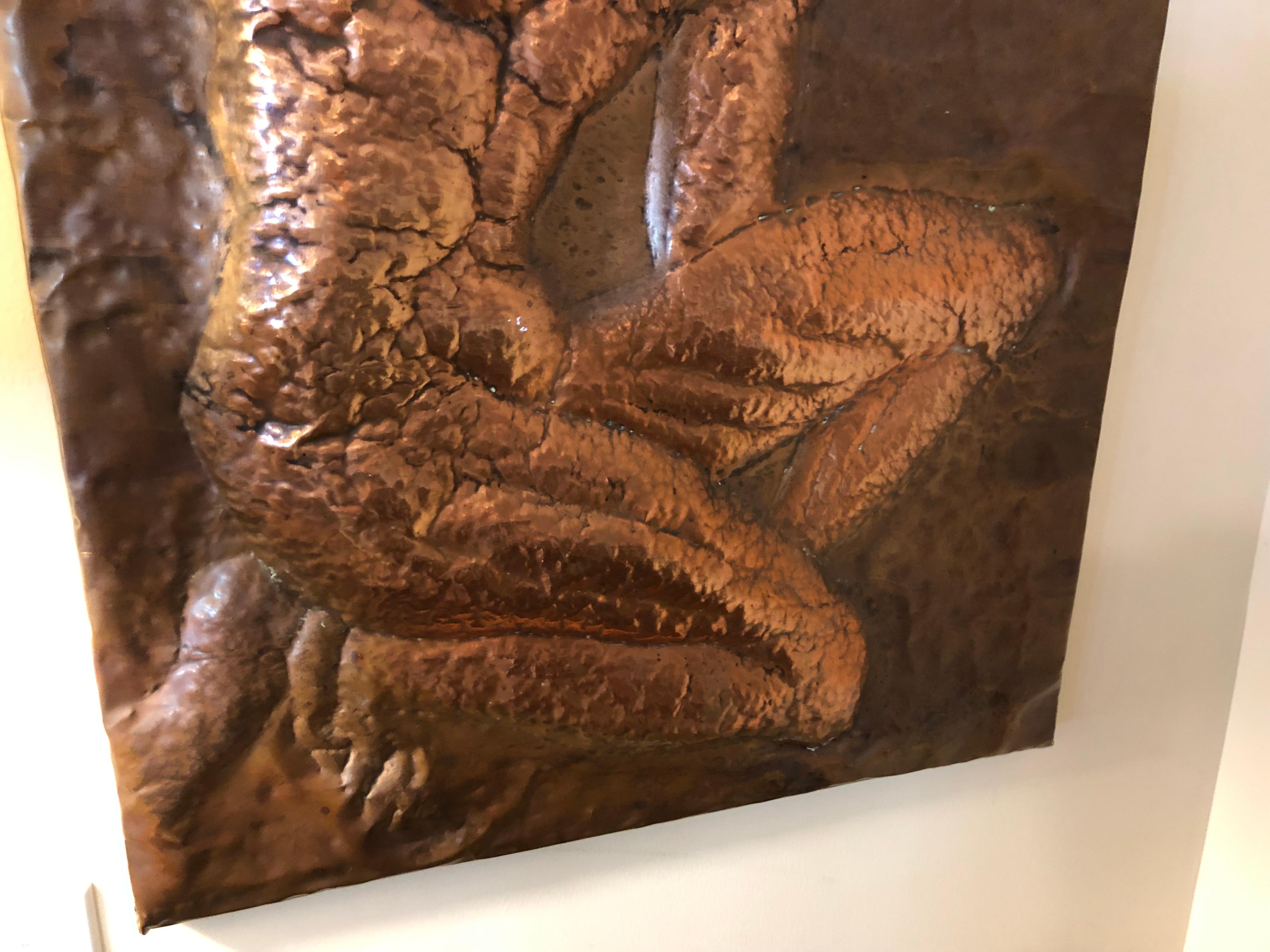Mid Century Hammered Copper Wall Relief of a Nude Male For Sale 5