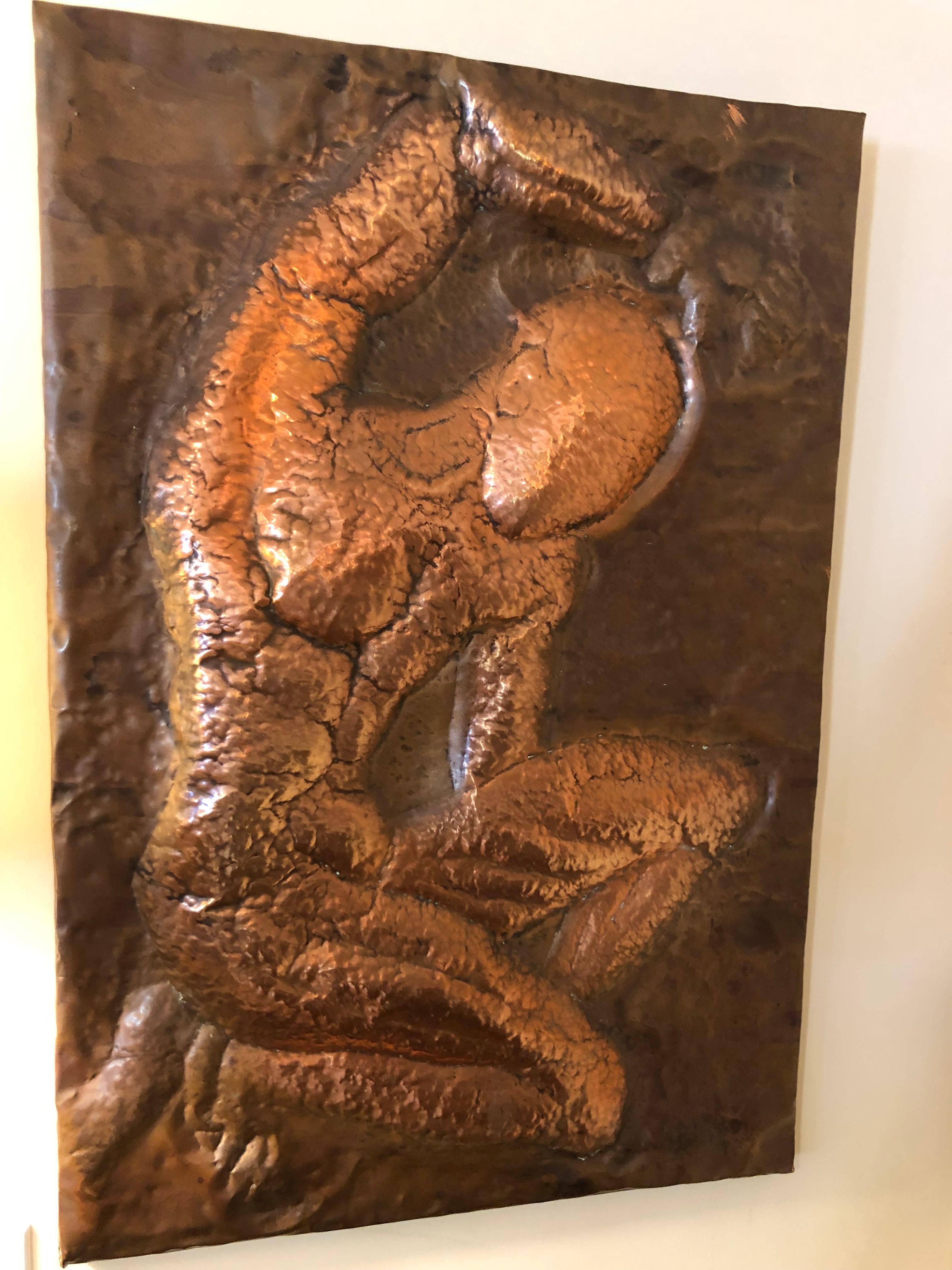 Mid Century Hammered Copper Wall Relief of a Nude Male For Sale 7