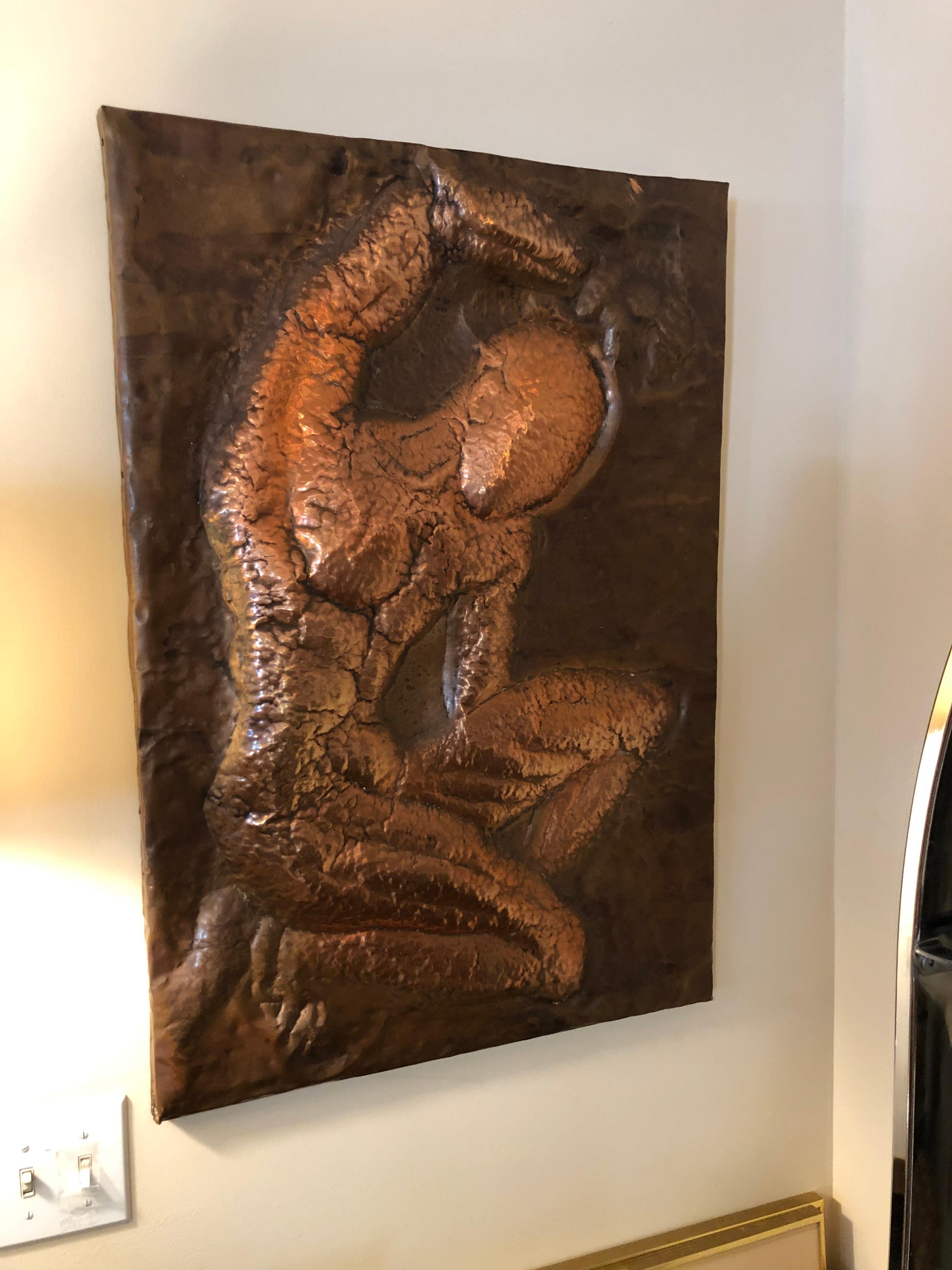 Mid Century Hammered Copper Wall Relief of a Nude Male In Good Condition For Sale In Redding, CT