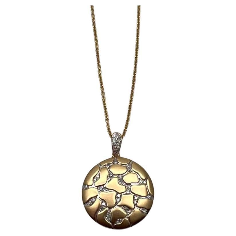 Hammered Diamonds Pave Set Earth Rock 14K Yellow Gold Pendant Medallion Necklace