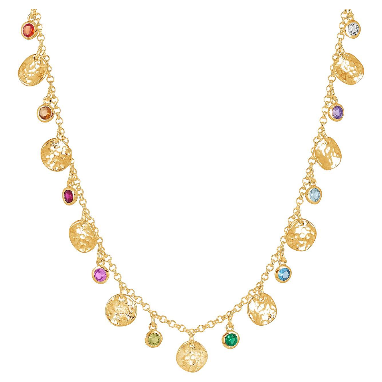 Hammered Disc & Mixed Gemstone Array Necklace In 18ct Gold Vermeil For Sale