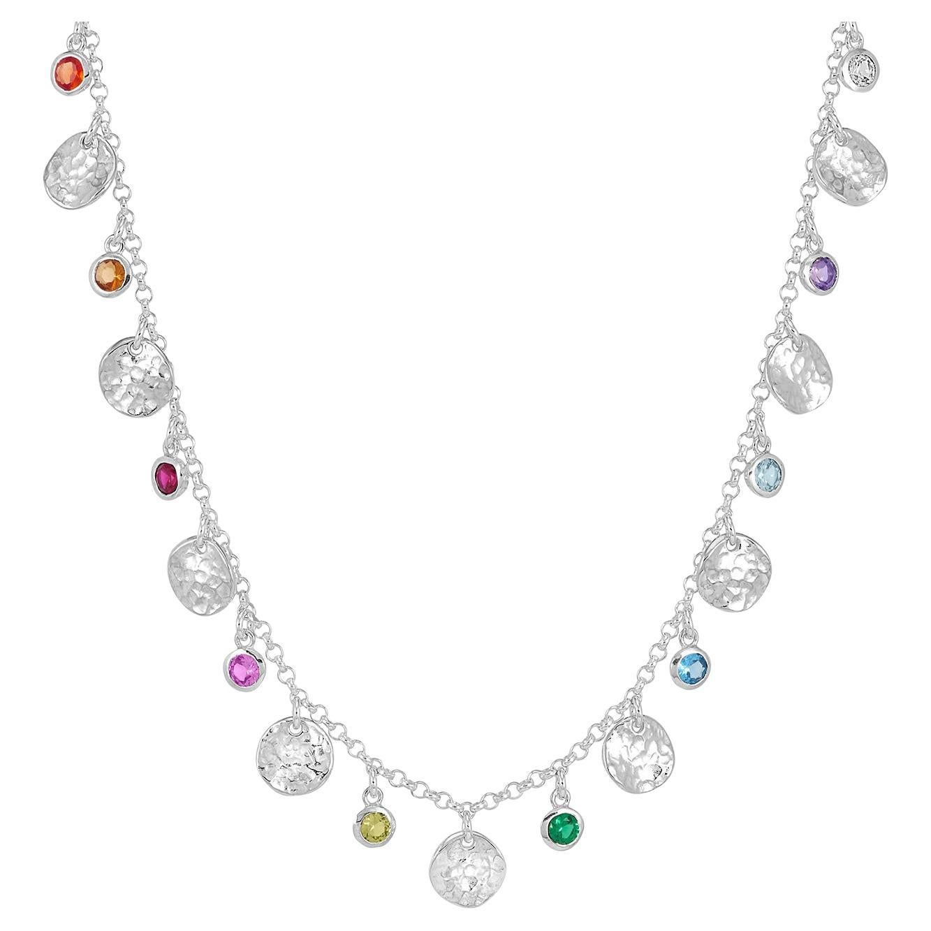 Hammered Disc & Mixed Gemstone Array Necklace In Sterling Silver