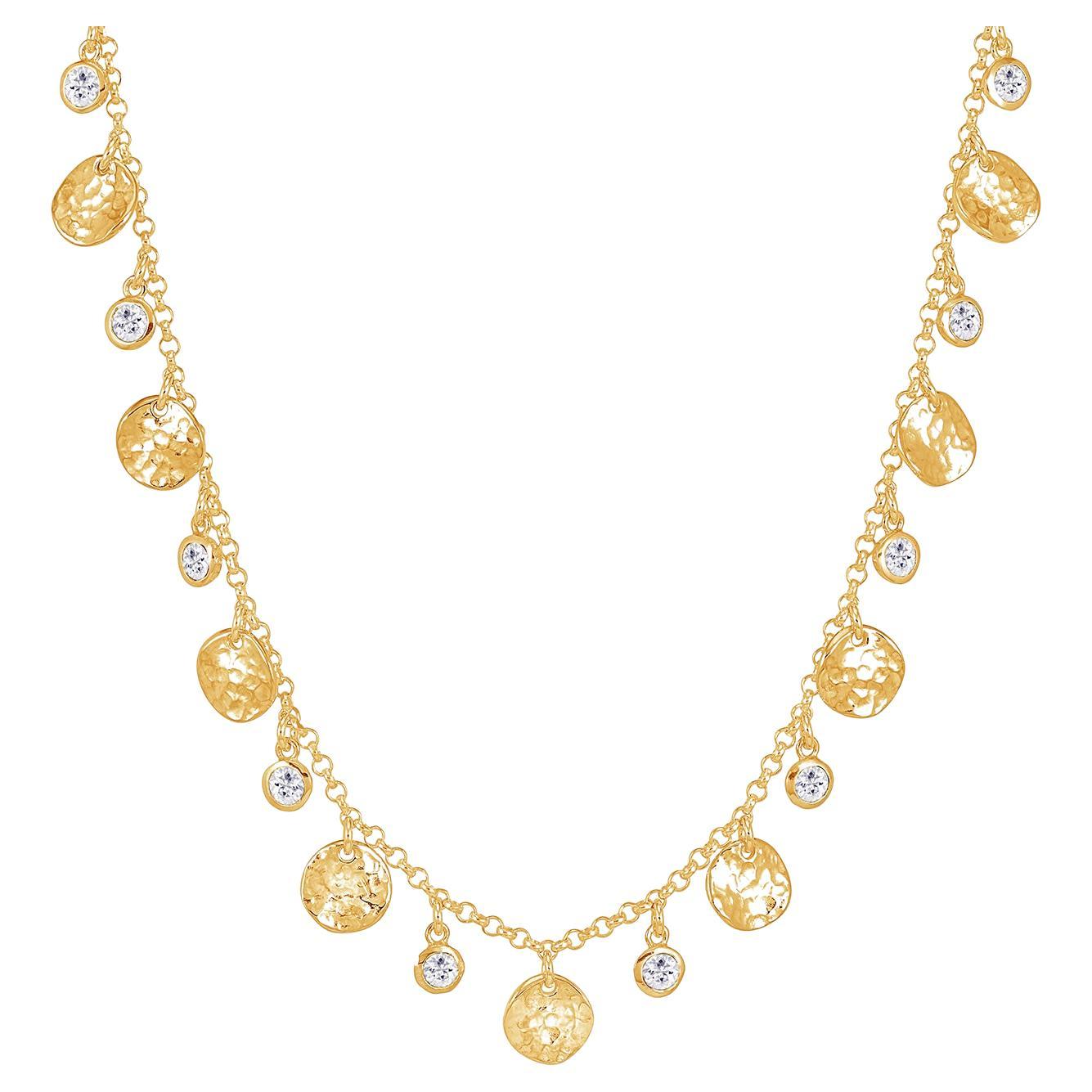 Halskette mit gehämmerter Scheiben- und weißem Saphir Array aus 18 Karat Gold Vermeil