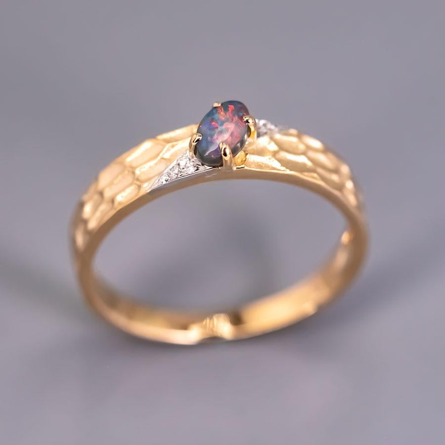 Brilliant Cut Hammered Finish 18K Gold Black Opal Diamond Engagement Ring For Sale