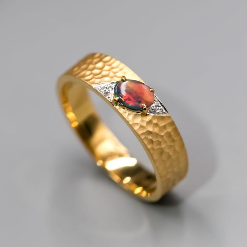 Women's Hammered Finish 18K Gold Black Opal Diamond Engagement Ring For Sale